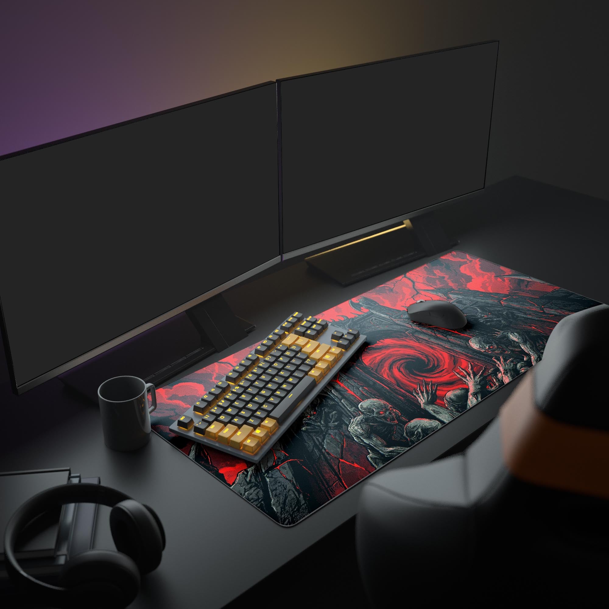 A full gaming PC setup featuring the Hell Gate mouse pad, creating a dark fantasy aesthetic with multiple monitors and an illuminated keyboard. - Epic Design Pads & Mousepads