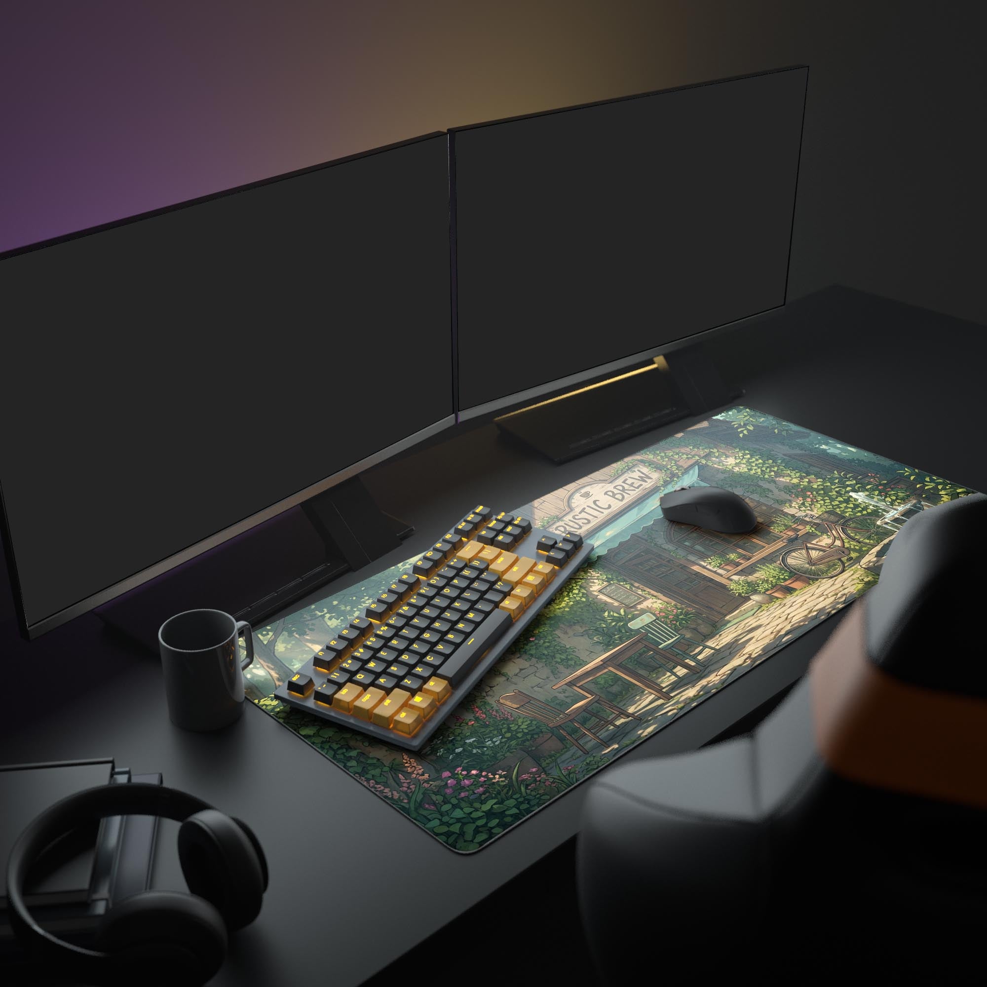 A cozy desk setup featuring the Hidden Ivy Cafe Mouse Pad, placed under a monitor and gaming peripherals, creating a warm, nature-inspired workspace. - Epic Design Pads & Mousepads