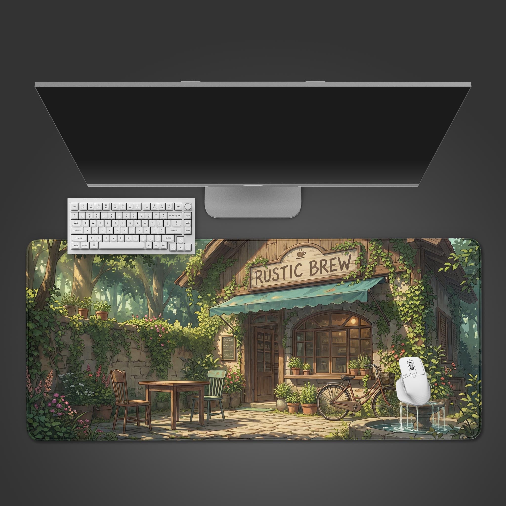 Top-down view of the Hidden Ivy Cafe Gaming Desk Mat, featuring a rustic coffee shop design, shown with a white keyboard and mouse on a dark background. - Epic Design Pads & Mousepads