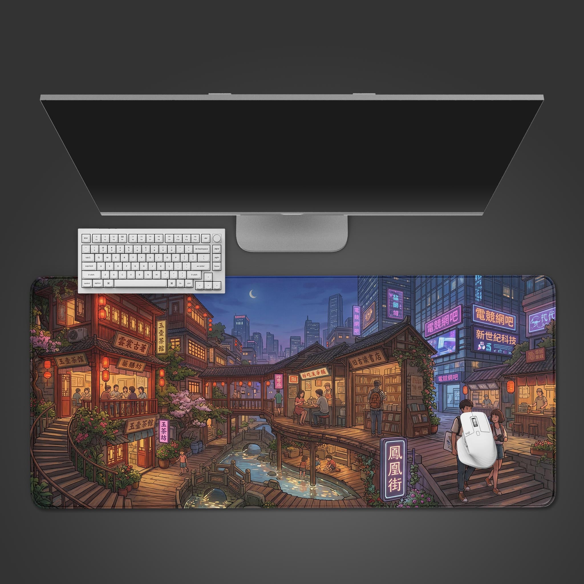 Top-down view of the Hidden Tea Village gaming desk mat depicting an anime-style city, shown with a white keyboard, mouse, and monitor on a dark surface. - Epic Design Pads & Mousepads