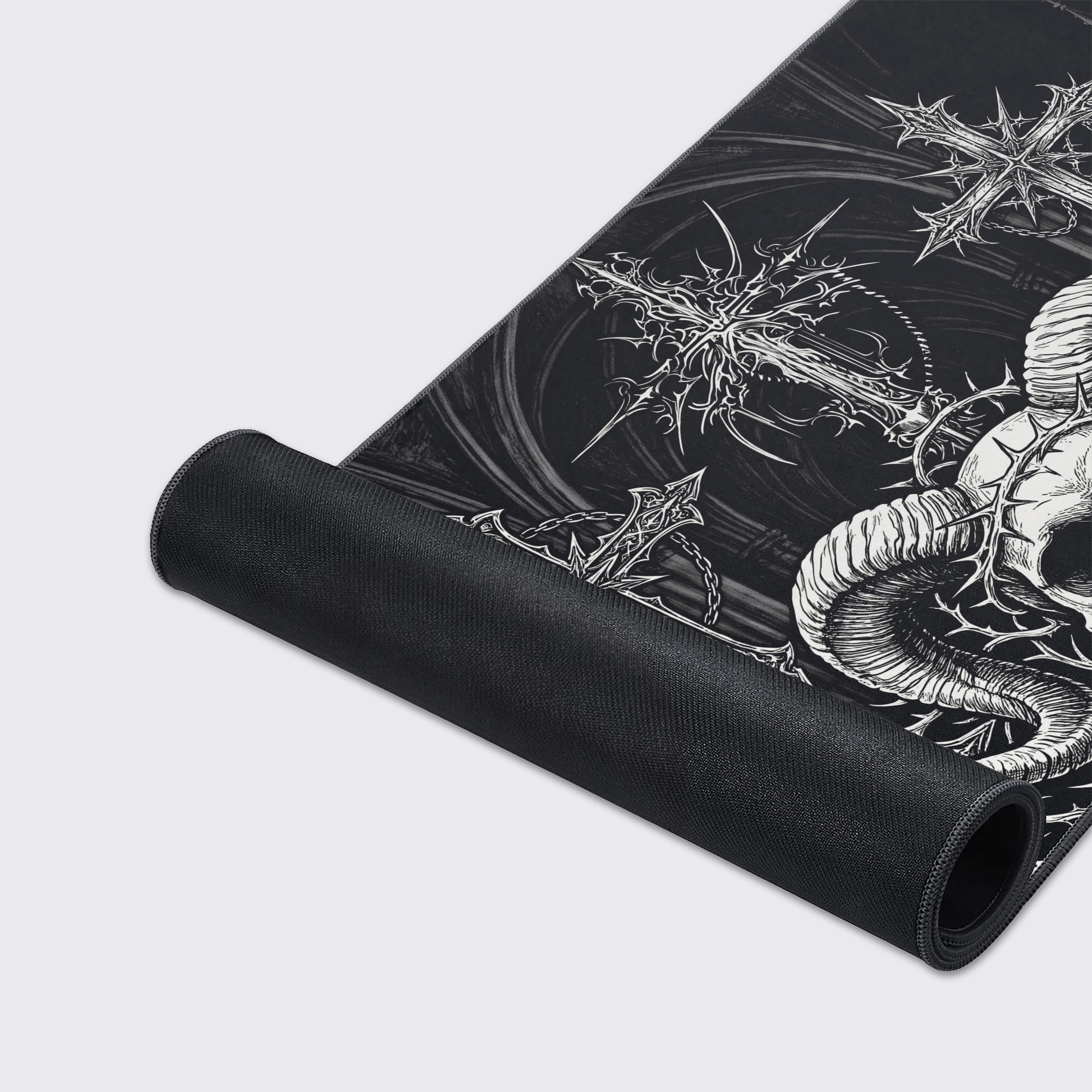 Dark fantasy workspace setup showcasing the stark gothic cathedral architecture on the desk pad.