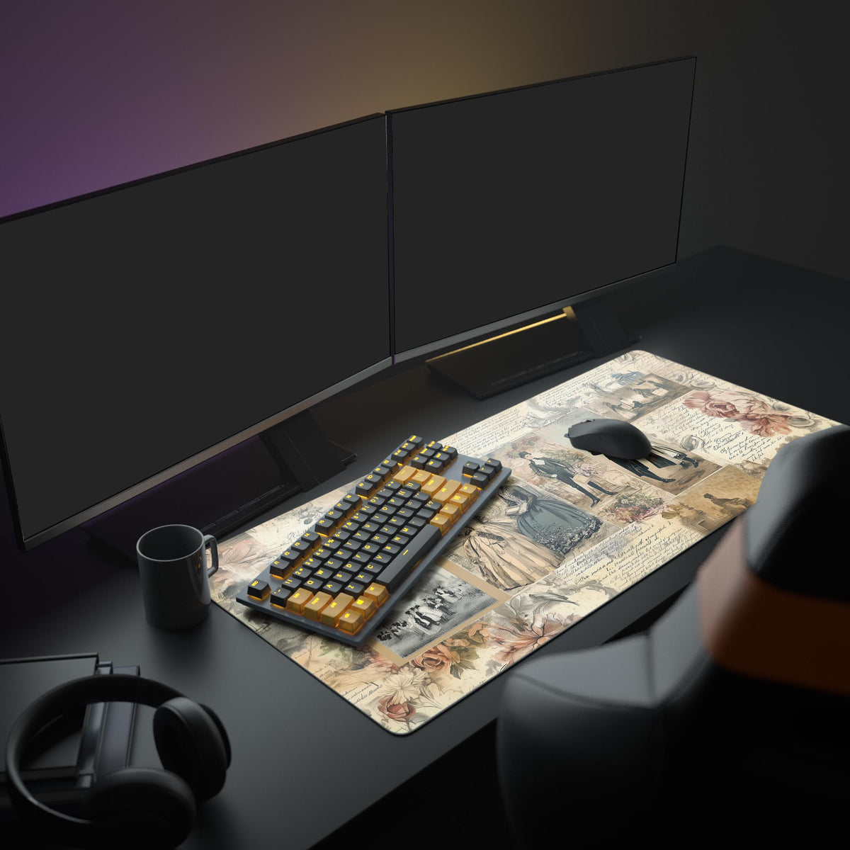 Whimsical Jane Austen Desk Pad in a dark gaming setup with a mechanical keyboard, a mouse and headphones