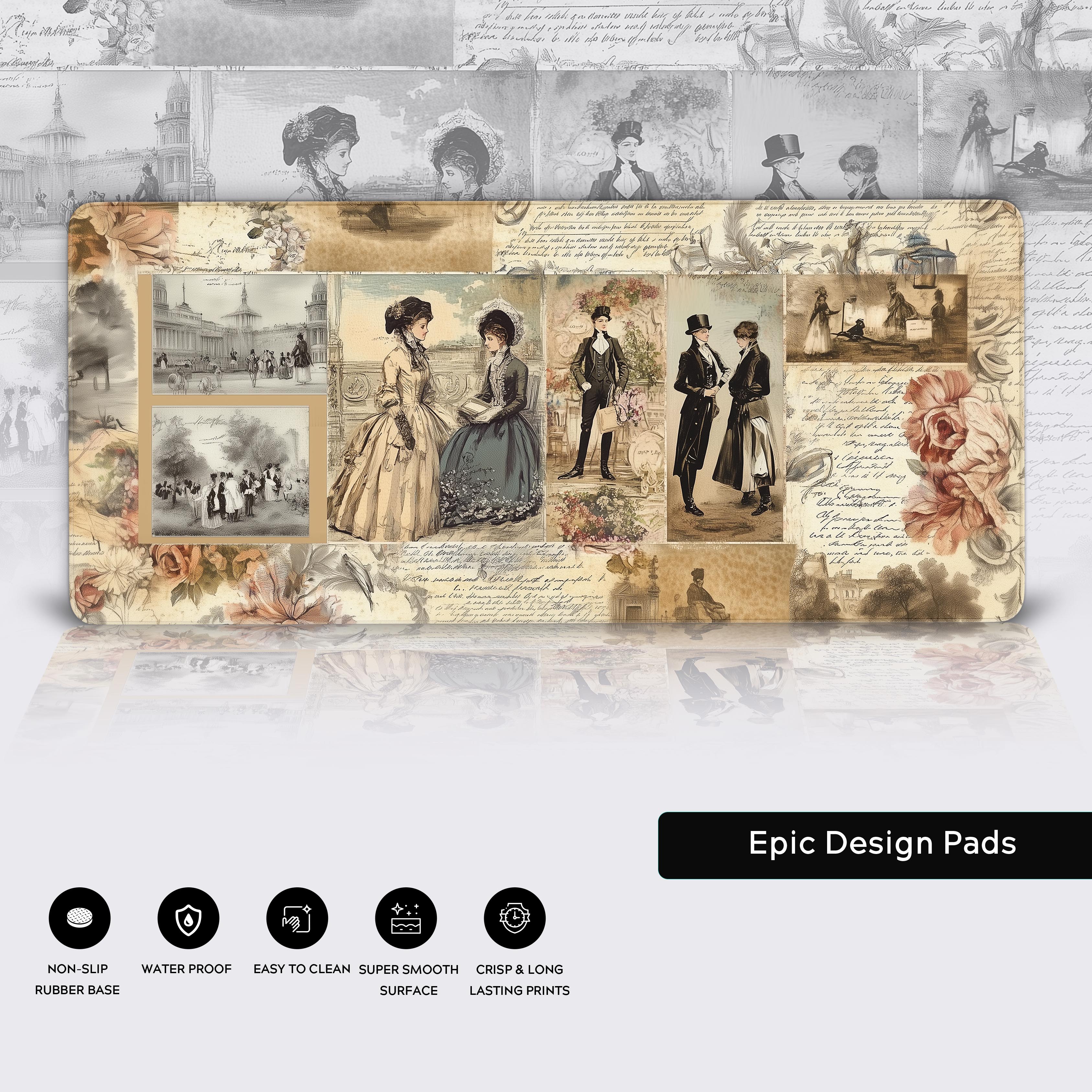 A beautifully detailed vintage collage inspired by Jane Austen’s Regency era, featuring elegant ladies in bonnets, gentlemen in tailcoats, romantic handwritten letters, and grand manor houses. Soft watercolor illustrations with warm sepia tones, intricate floral borders, and delicate lace textures. A dreamy, nostalgic atmosphere with a touch of whimsy, evoking the charm of Pride and Prejudice and Sense and Sensibility