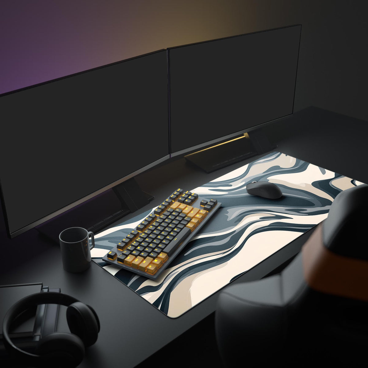 Black White Cream Boho Desk Pad in a dark gaming setup with a mechanical keyboard, a mouse and headphones