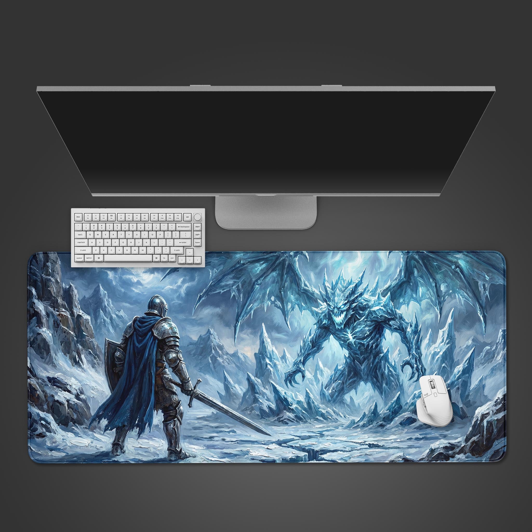 Epic ice dragon and knight fantasy desk mat overview