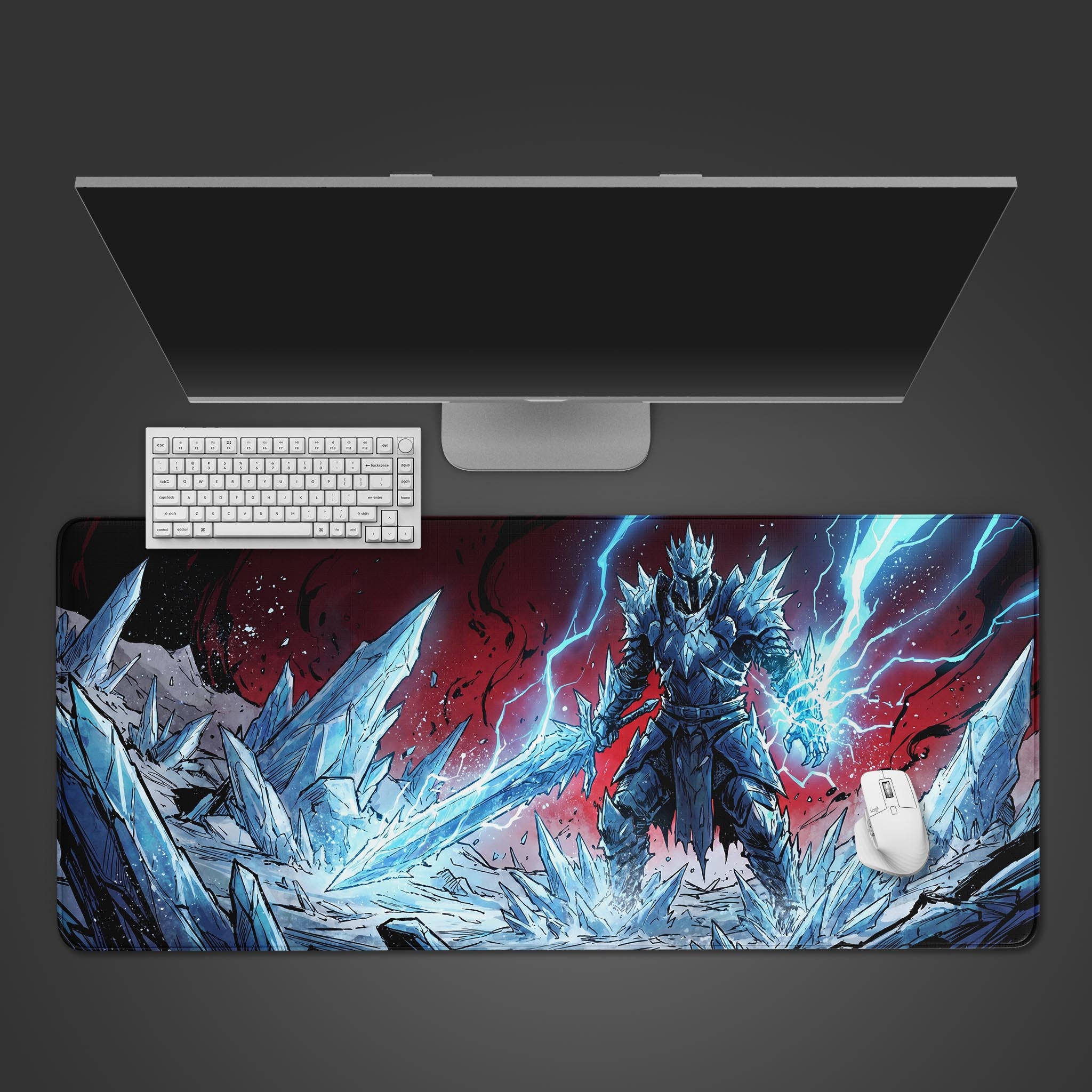 Large desk mat featuring an imposing ice knight in dark spiked armor wielding a glowing blue sword against a dramatic crimson background.