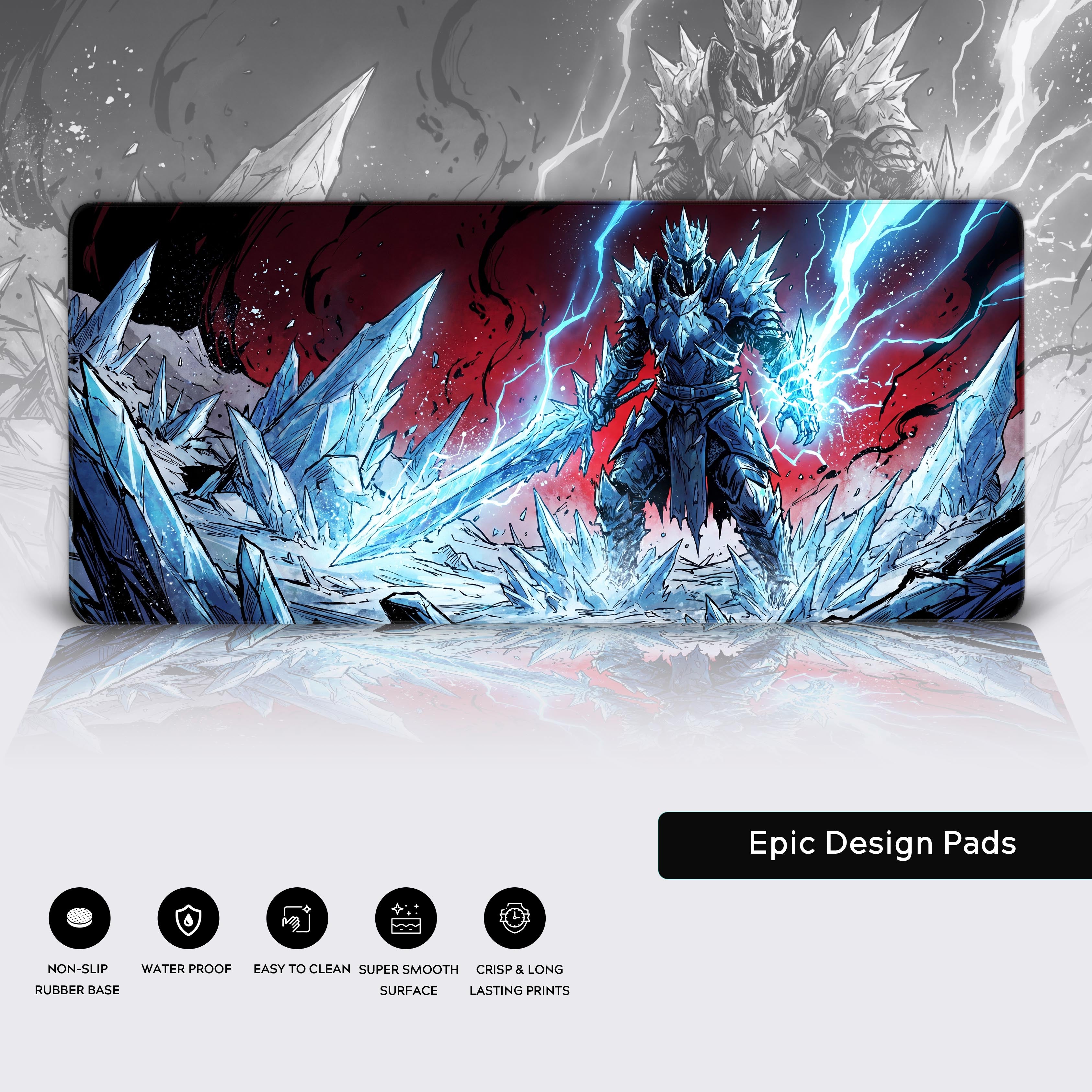 Mockup displaying the vibrant, high-resolution print of the frostbound warrior on a smooth glide extended mouse pad.