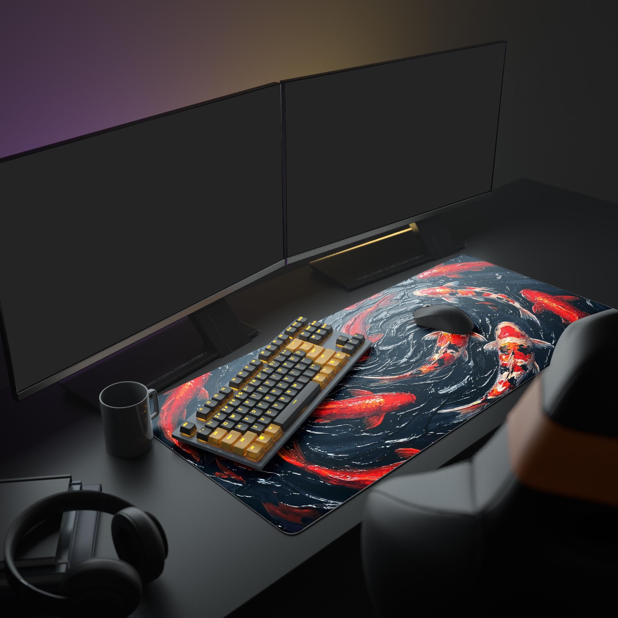 A vibrant Impasto Koi mouse pad enhances a modern desk setup, positioned under a monitor and a gaming keyboard, adding an artistic touch to the workspace. - Epic Design Pads & Mousepads