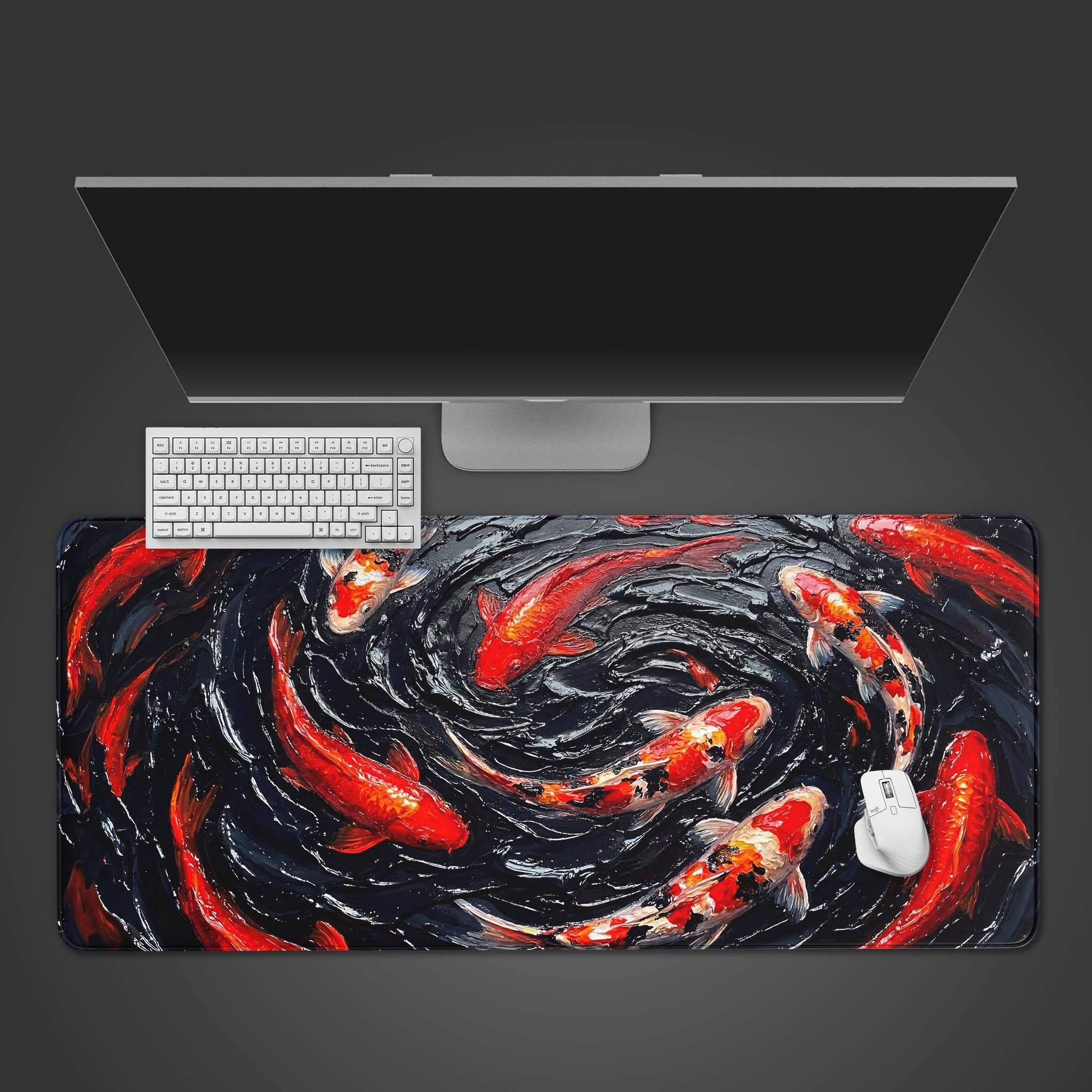 The Impasto Koi gaming desk mat shown from above, featuring a vibrant painting of red koi fish. A white keyboard and mouse are placed on the surface. - Epic Design Pads & Mousepads