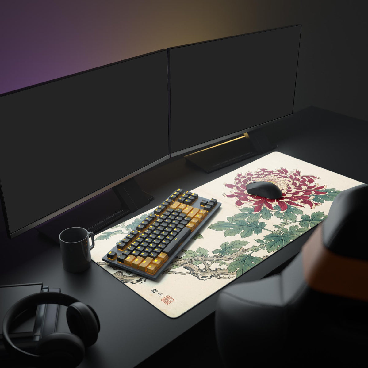 Large Imperial Bloom Japanese desk mat in a complete workspace. Shown with dual monitors, mechanical keyboard, and headphones for a Japandi aesthetic. - Epic Design Pads & Mousepads