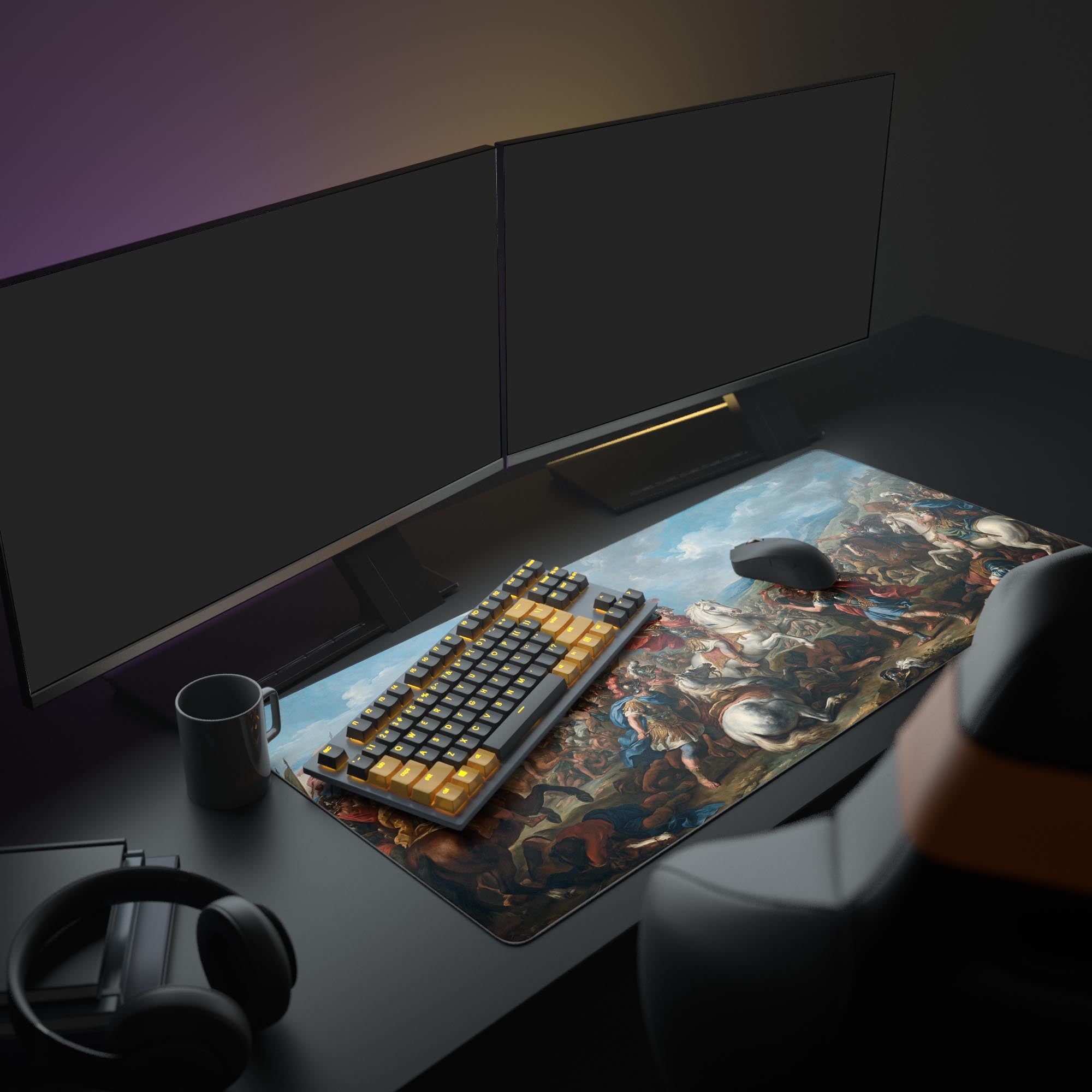 A full gaming setup featuring the 'Imperial Charge' mouse pad. The historical art complements multiple monitors and a gaming keyboard, creating a powerful aesthetic. - Epic Design Pads & Mousepads