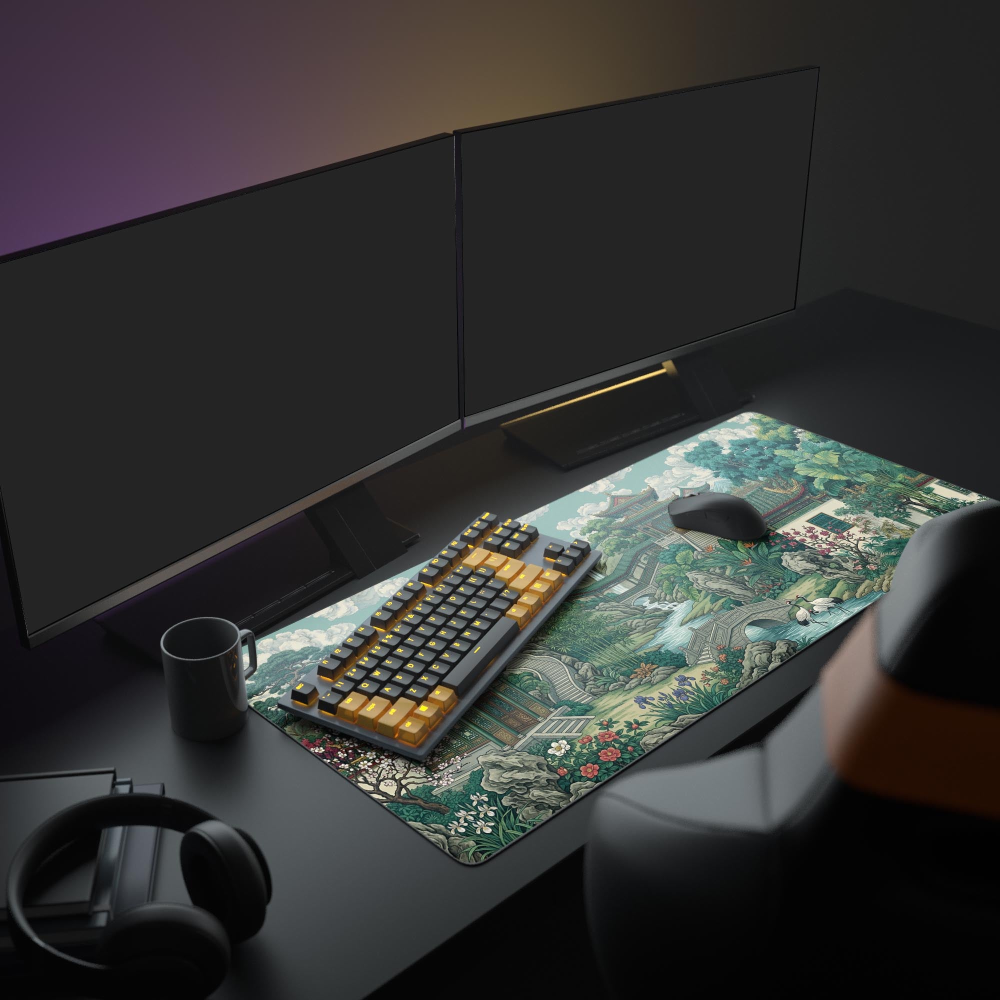 A serene office setup featuring the Imperial Estate XL mouse pad, its traditional Asian art providing a beautiful backdrop for a gaming keyboard and peripherals. - Epic Design Pads & Mousepads