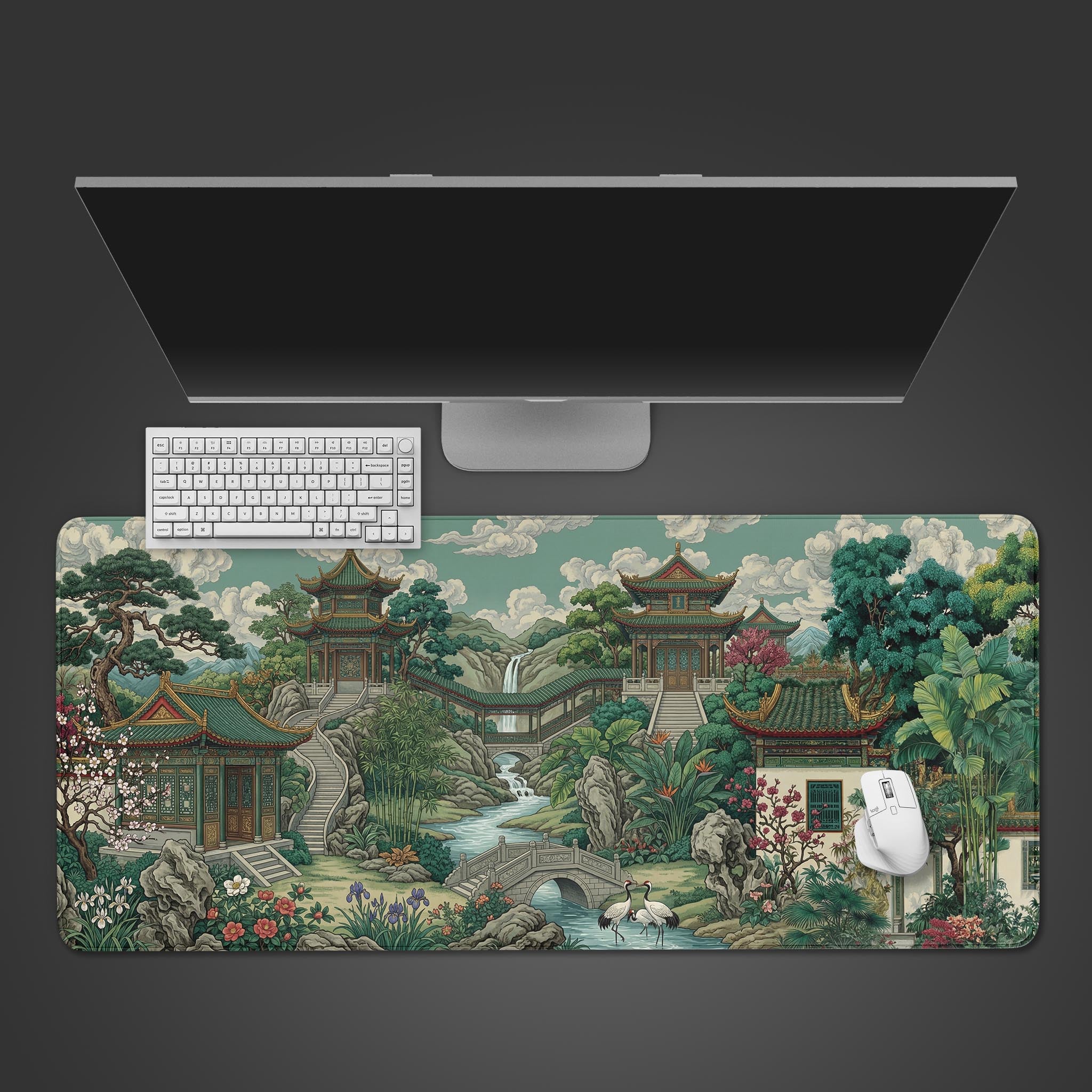 The Imperial Estate gaming desk mat viewed from above, showcasing its detailed Chinese landscape art beneath a white keyboard, mouse, and a sleek monitor. - Epic Design Pads & Mousepads