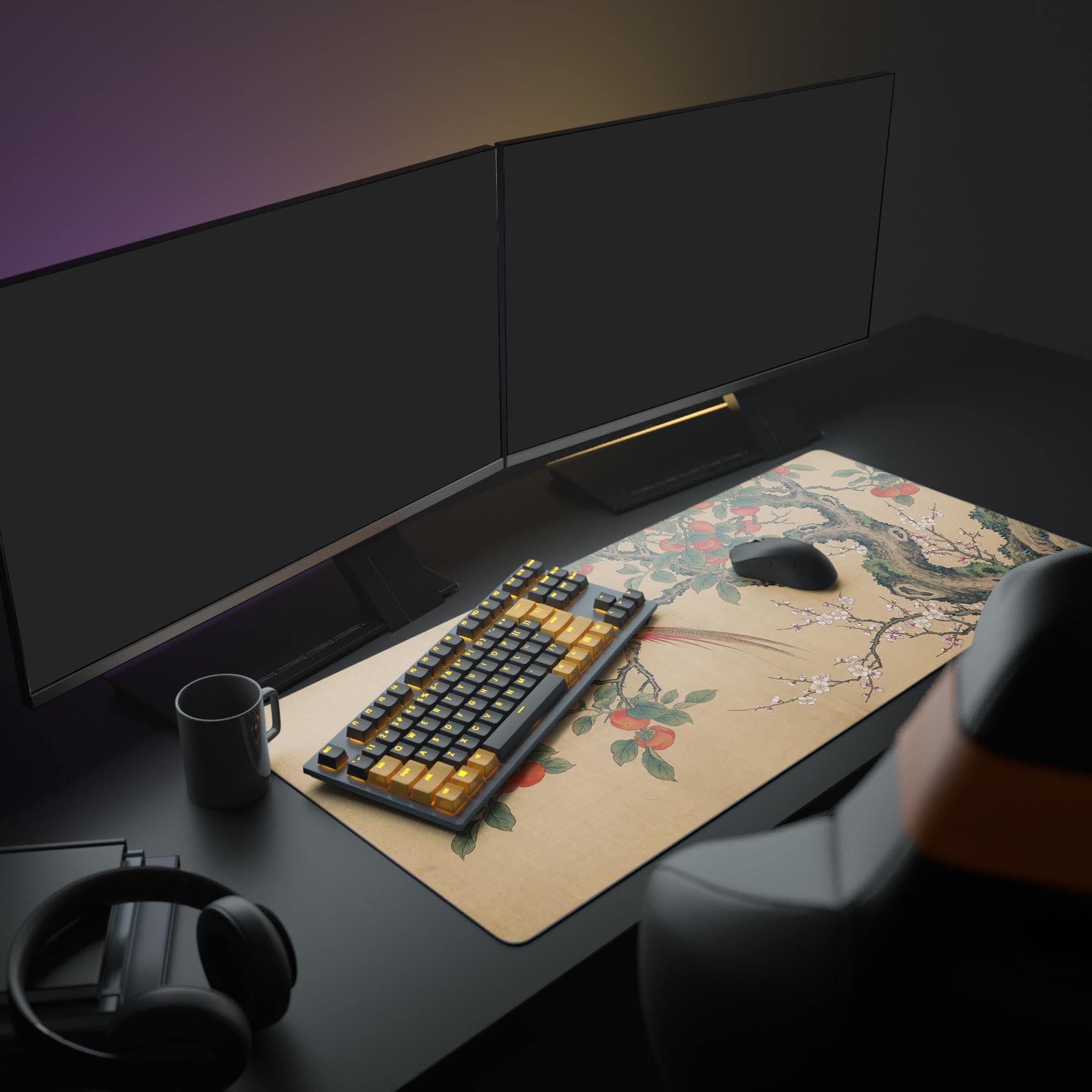A full desk setup showcasing the Imperial Harvest mouse pad, providing ample space for a monitor, gaming keyboard, and mouse, enhancing the workspace aesthetic. - Epic Design Pads & Mousepads