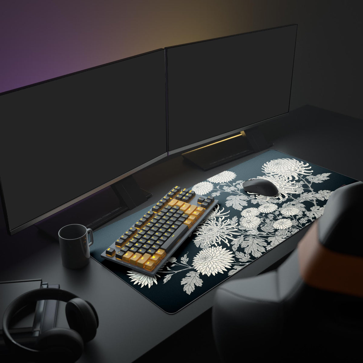 A clean and sophisticated PC setup anchored by the large Imperial Noir floral mouse pad, complementing dual monitors and modern peripherals. - Epic Design Pads & Mousepads
