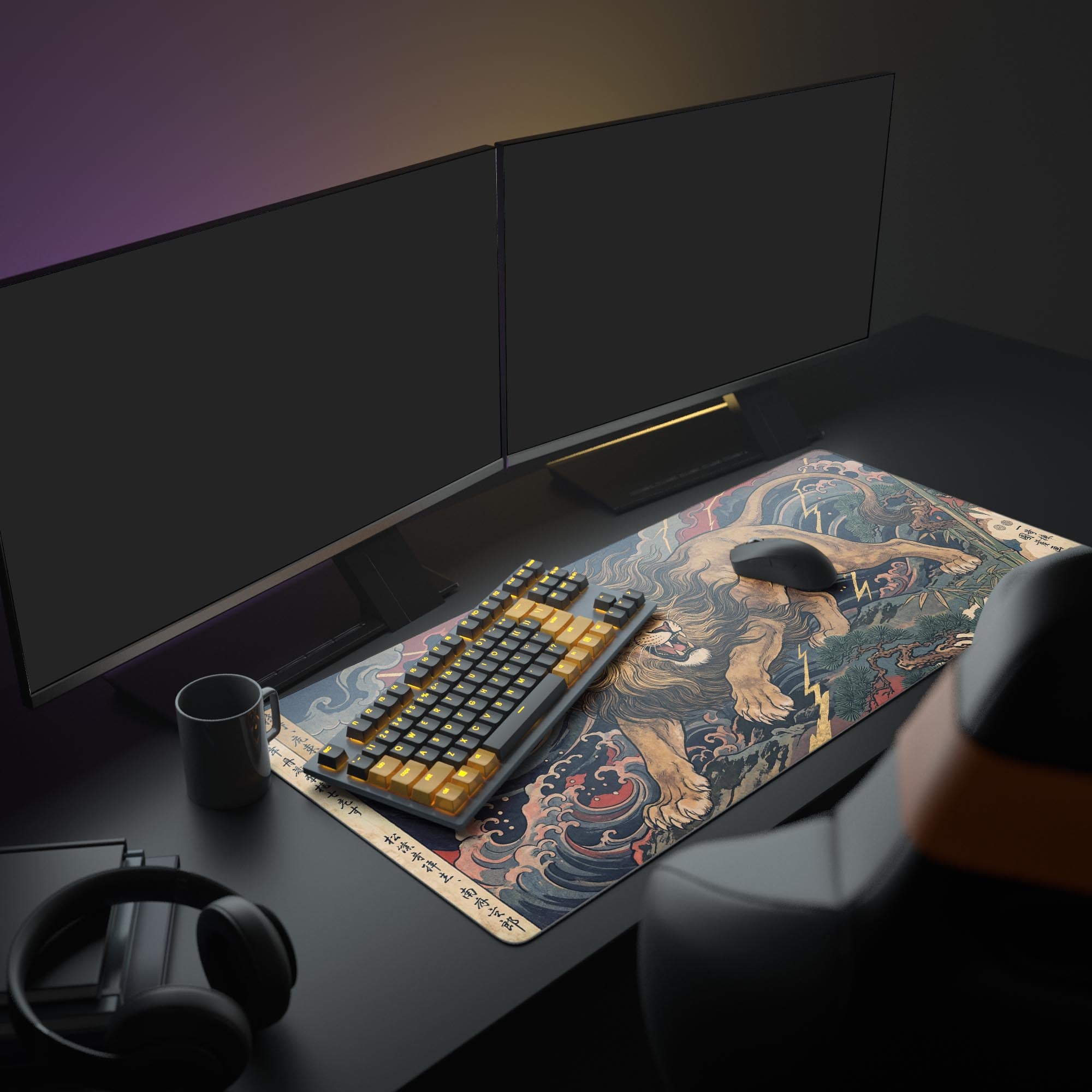 A full gaming PC setup featuring the Imperial Roar mouse pad, adding a dramatic Japanese art aesthetic to a desk with multiple monitors. - Epic Design Pads & Mousepads
