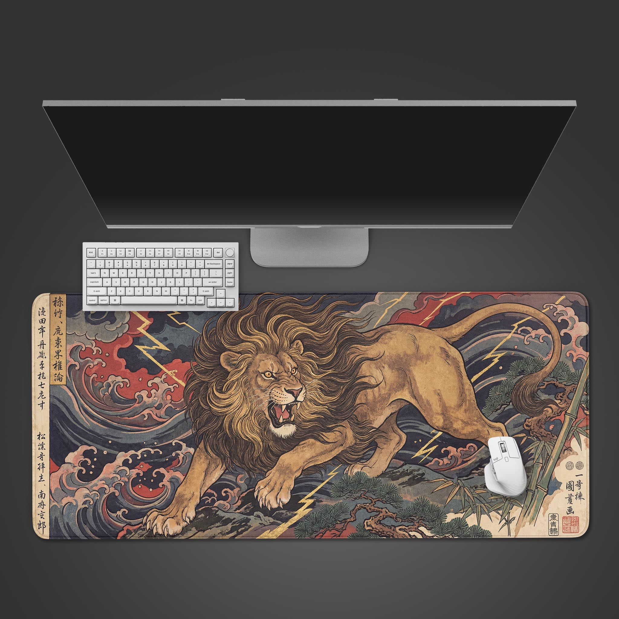 The Imperial Roar gaming desk mat viewed from above with a white keyboard and mouse, showcasing the powerful Japanese Ukiyo-e lion artwork. - Epic Design Pads & Mousepads