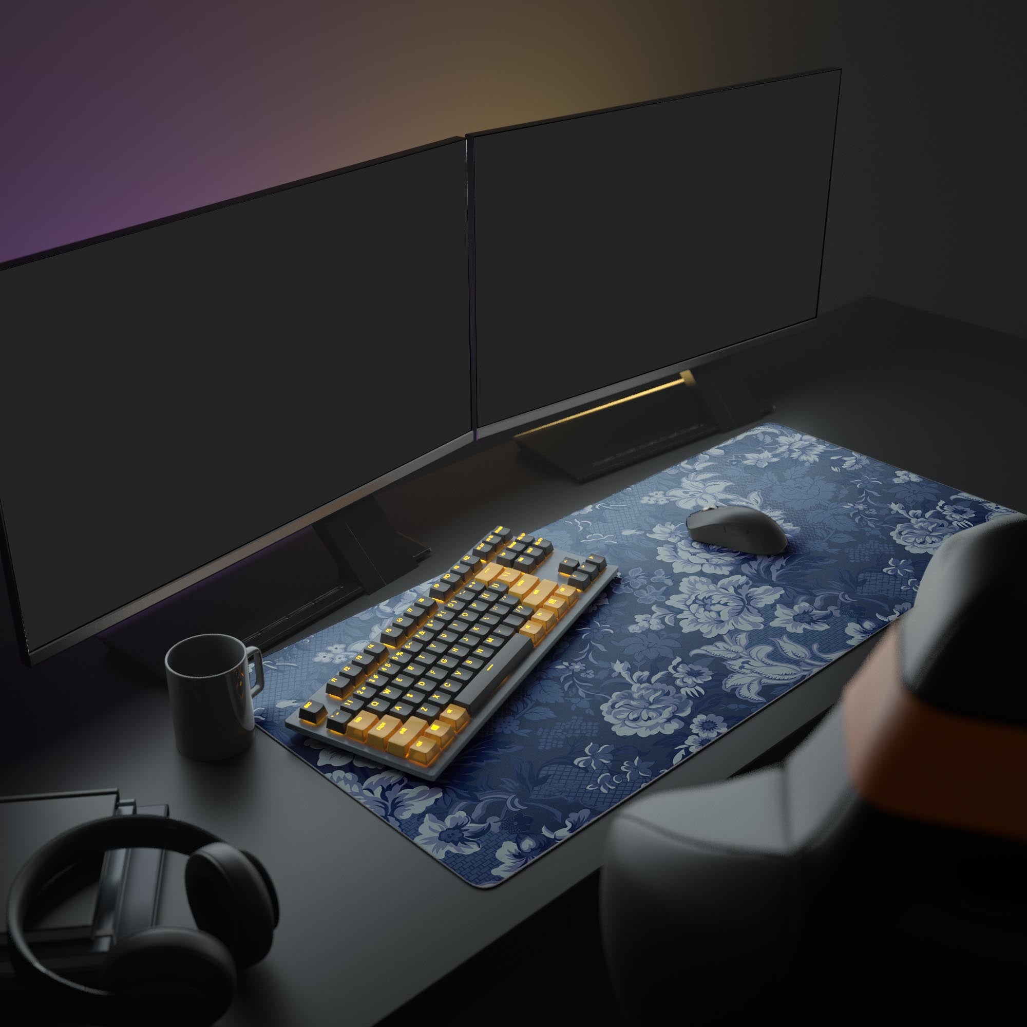 A sophisticated desk setup with the Indigo Baroque floral mouse pad, dual monitors, and an ergonomic keyboard, creating a Dark Academia aesthetic. - Epic Design Pads & Mousepads