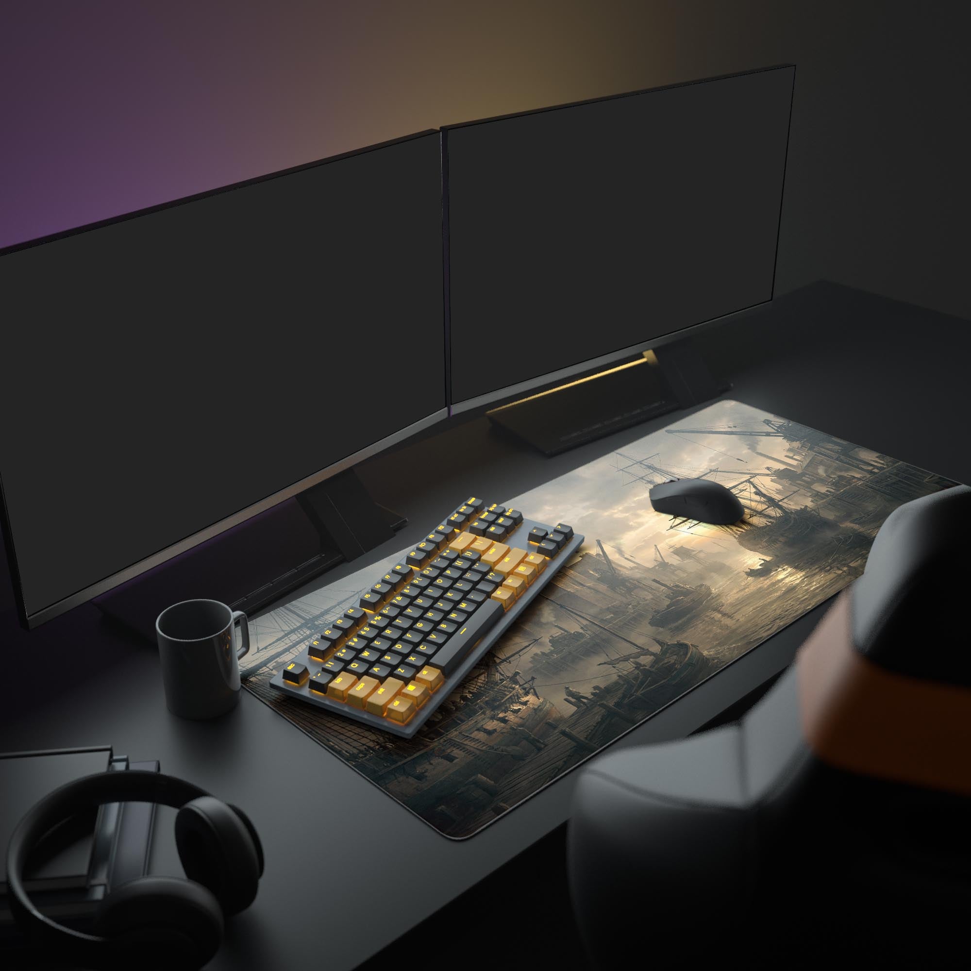 A complete PC setup featuring the Industrial Dawn gaming desk mat, showcasing its large size under a monitor, keyboard, and mouse for a vintage aesthetic. - Epic Design Pads & Mousepads