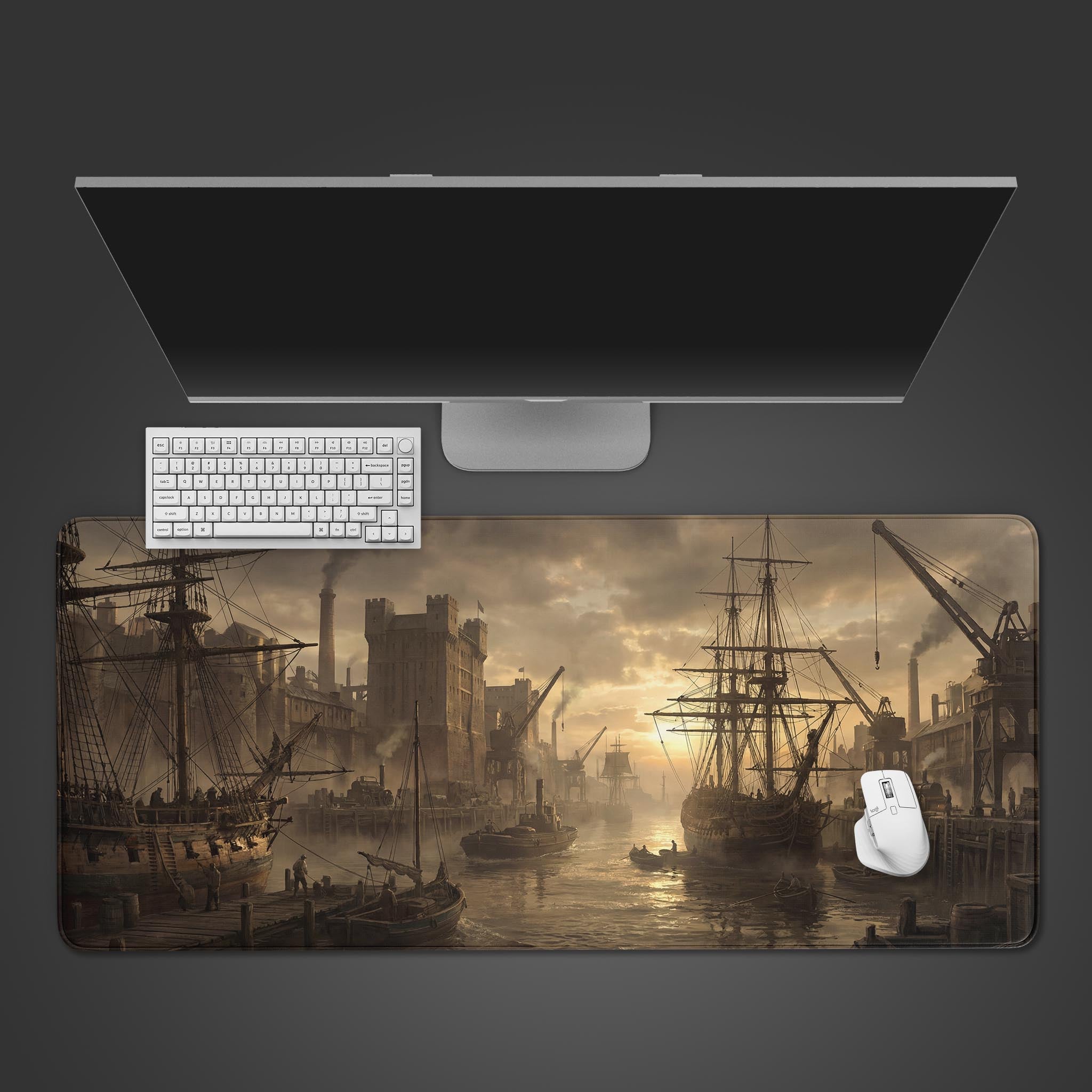 Top-down view of the Industrial Dawn gaming desk mat featuring a historical harbor scene, shown with a white keyboard and mouse on a dark surface. - Epic Design Pads & Mousepads