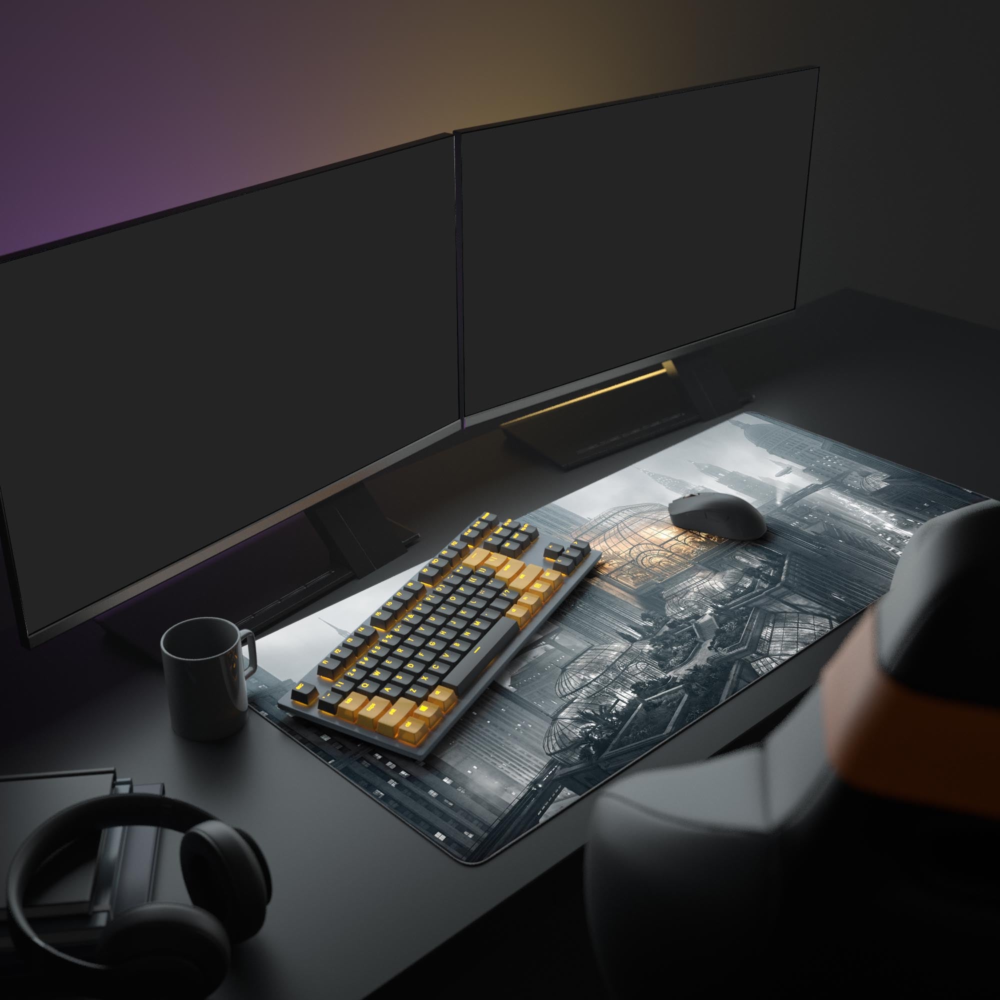 A stylish PC setup featuring the Industrial Eden XL mouse pad, perfectly complementing multiple monitors and creating a cohesive, modern workspace. - Epic Design Pads & Mousepads
