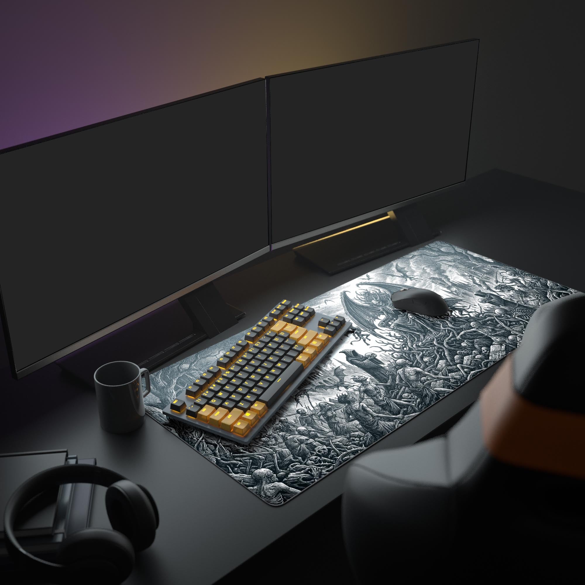 A full PC gaming setup featuring the Infernal Court XL mouse pad, creating a dark fantasy aesthetic with a large monitor, keyboard, and mouse. - Epic Design Pads & Mousepads