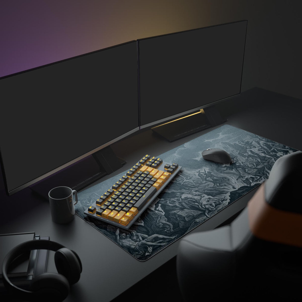 The Infernal Etching XL mouse pad anchors a powerful gaming setup, its macabre monochrome art providing a stark backdrop for a keyboard and monitor. - Epic Design Pads & Mousepads