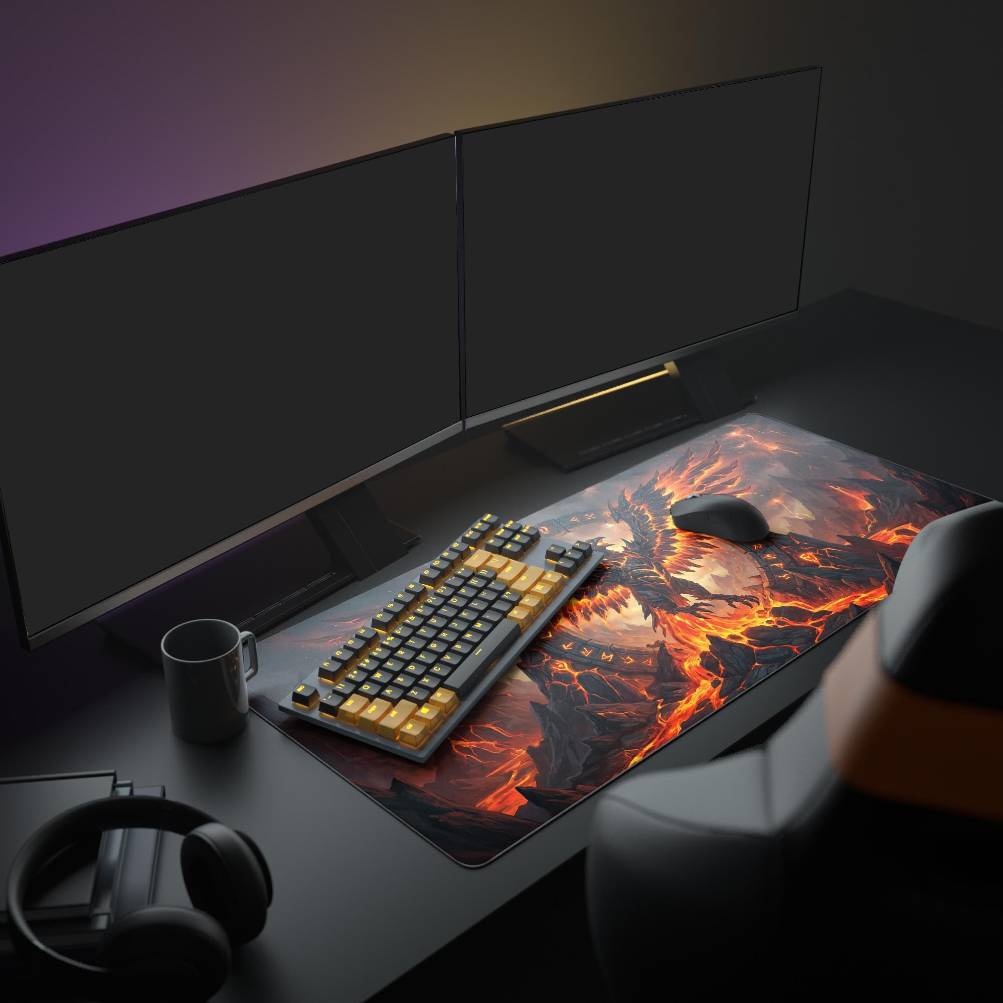 A full PC setup showcasing the Infernal Rise gaming mouse pad, with a fiery phoenix design anchoring the monitor, keyboard, and mouse for a dark fantasy theme. - Epic Design Pads & Mousepads