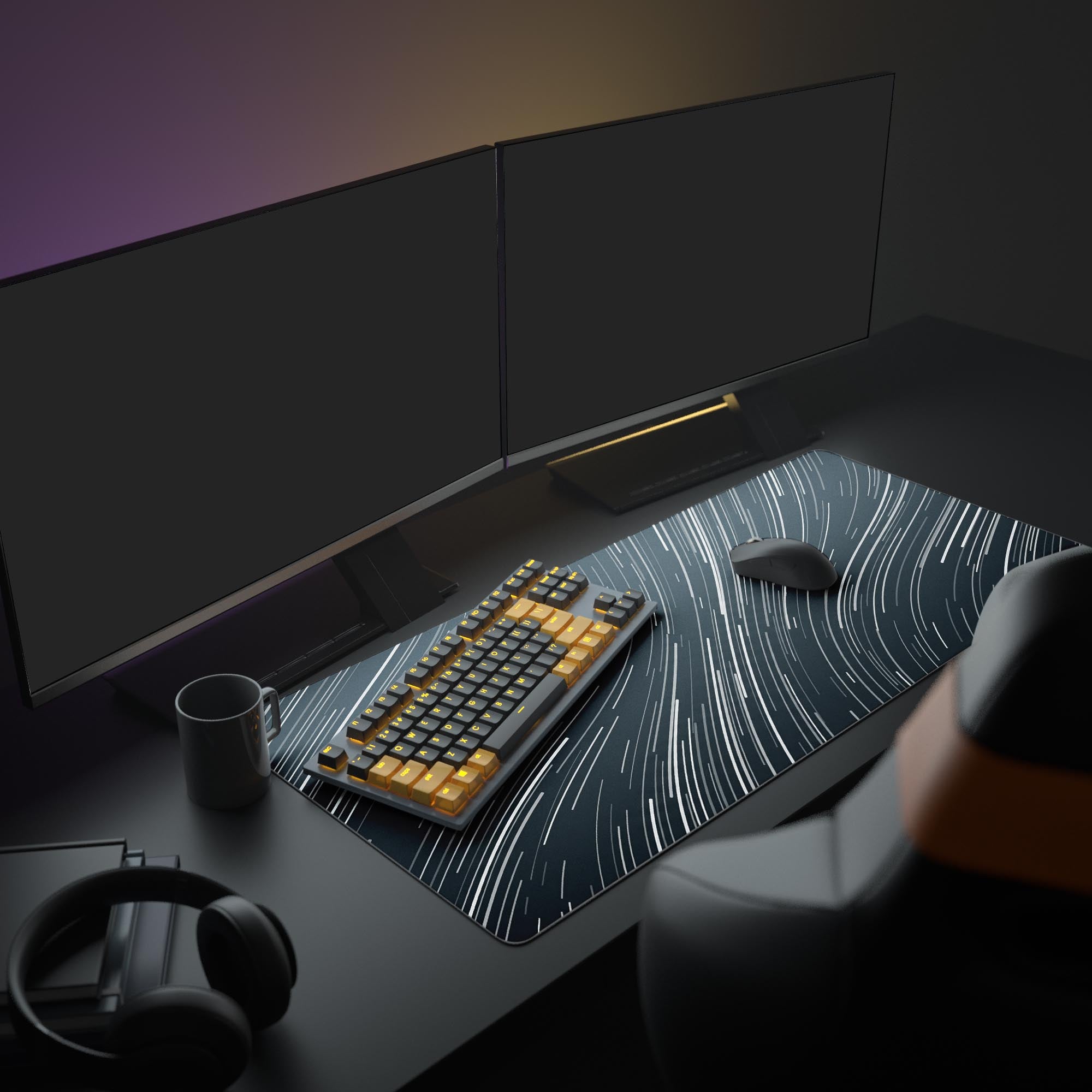 A modern minimalist PC setup featuring the Infinite Trajectory mouse pad, dual monitors, and a sleek white gaming keyboard and mouse. - Epic Design Pads & Mousepads