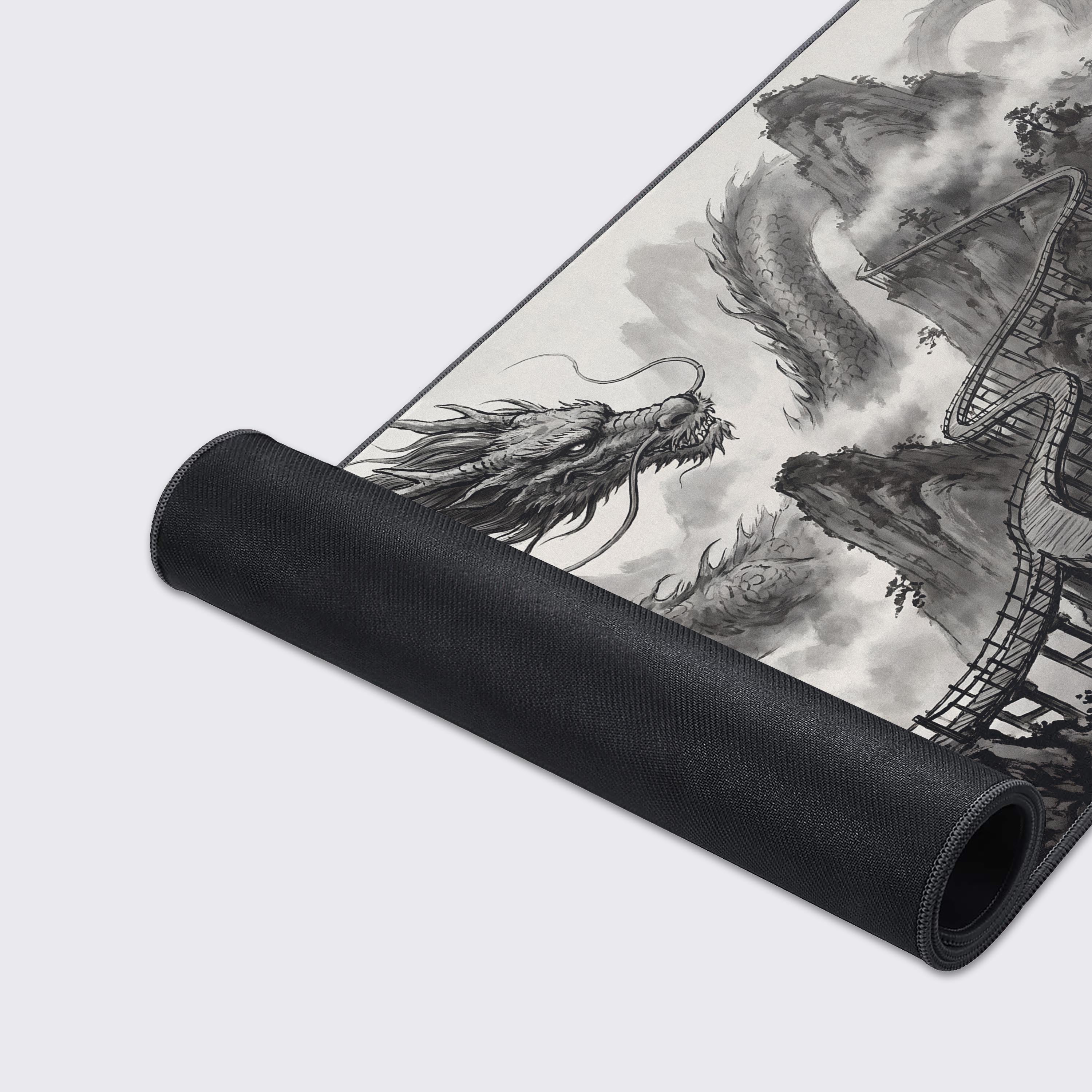 Features of the desk mat including non-slip rubber base, waterproof, easy to clean, super smooth surface, and crisp prints.