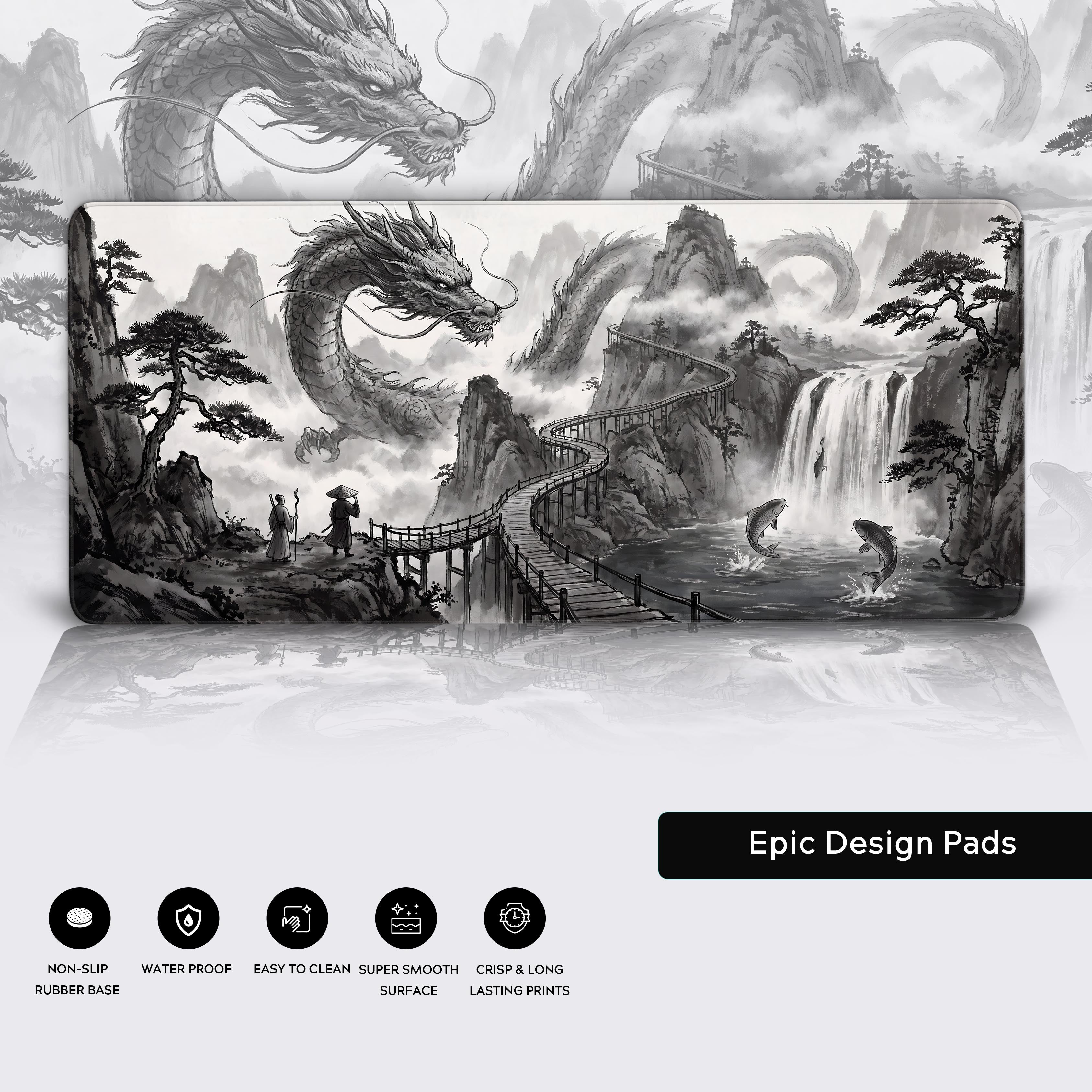 Aesthetic gaming setup showcasing the traditional black and white mythological dragon desk mat.