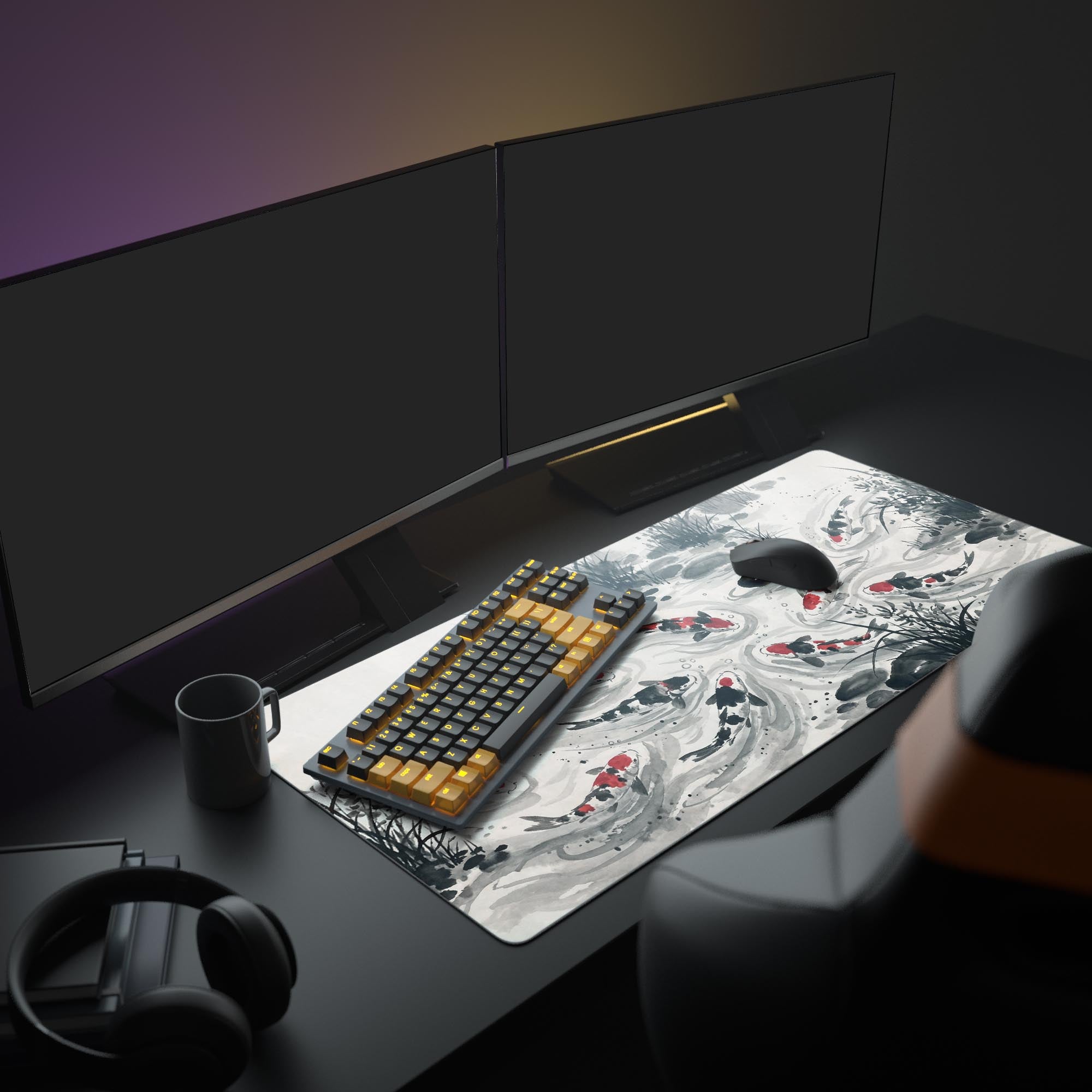 A clean, modern PC setup showcasing the Ink Flow Koi gaming desk mat, providing ample space for a gaming keyboard and mouse under a bright monitor. - Epic Design Pads & Mousepads