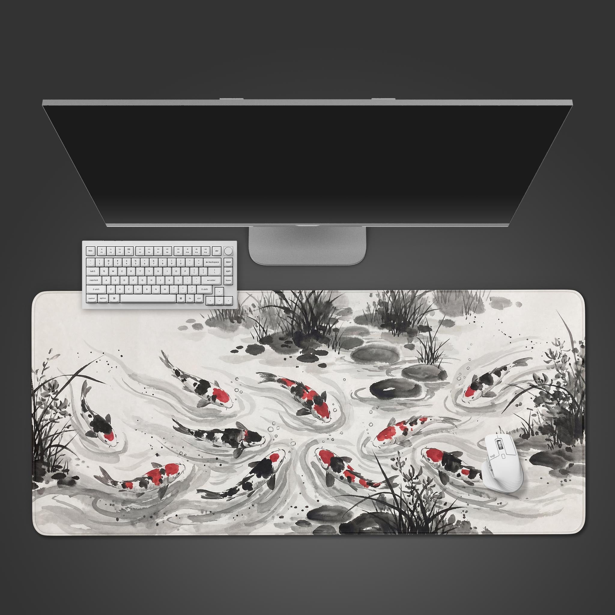 Top-down view of the Ink Flow Koi Japanese art gaming desk mat, featuring a white keyboard, mouse, and a large monitor on a dark surface. - Epic Design Pads & Mousepads