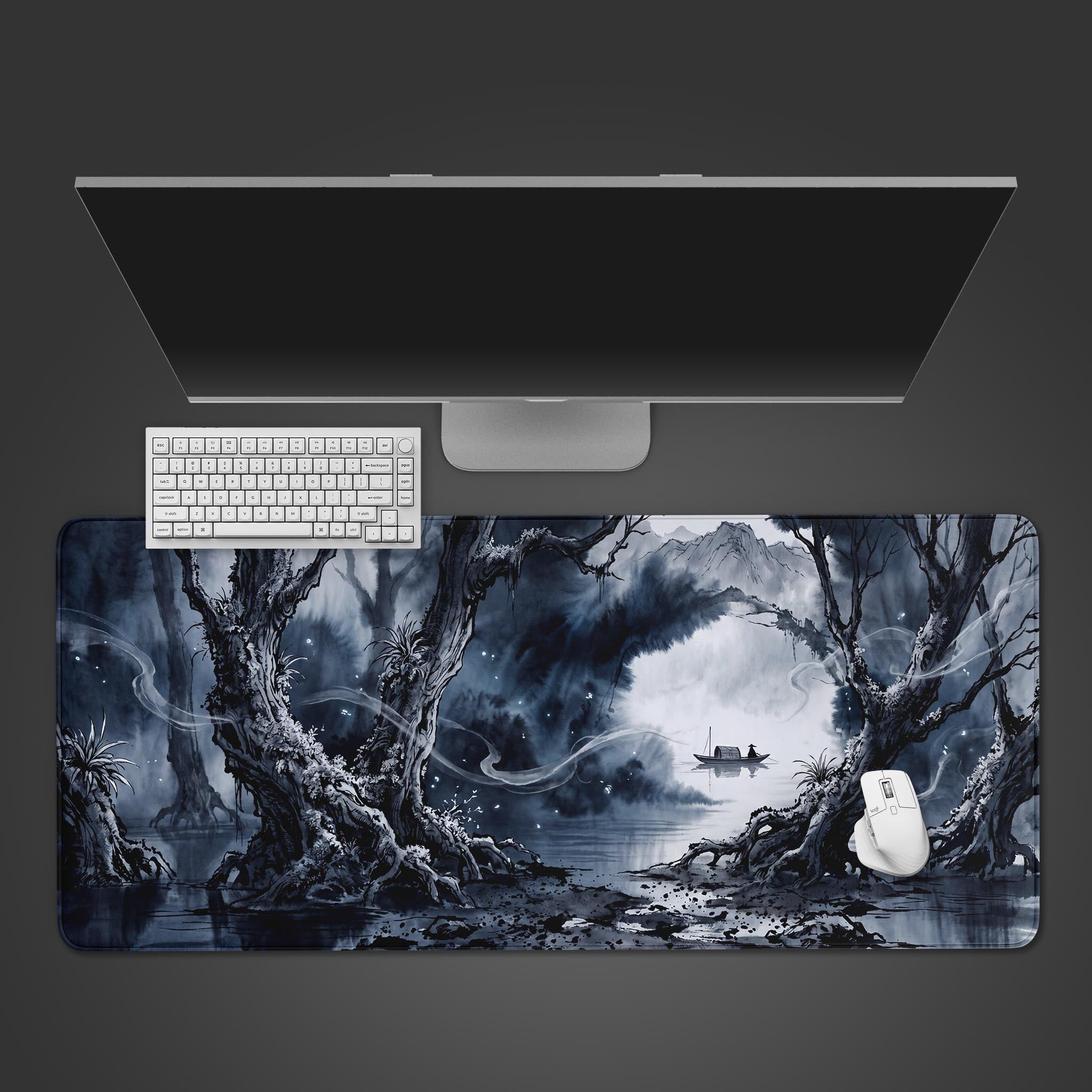 Dark misty ink wash forest and river desk mat