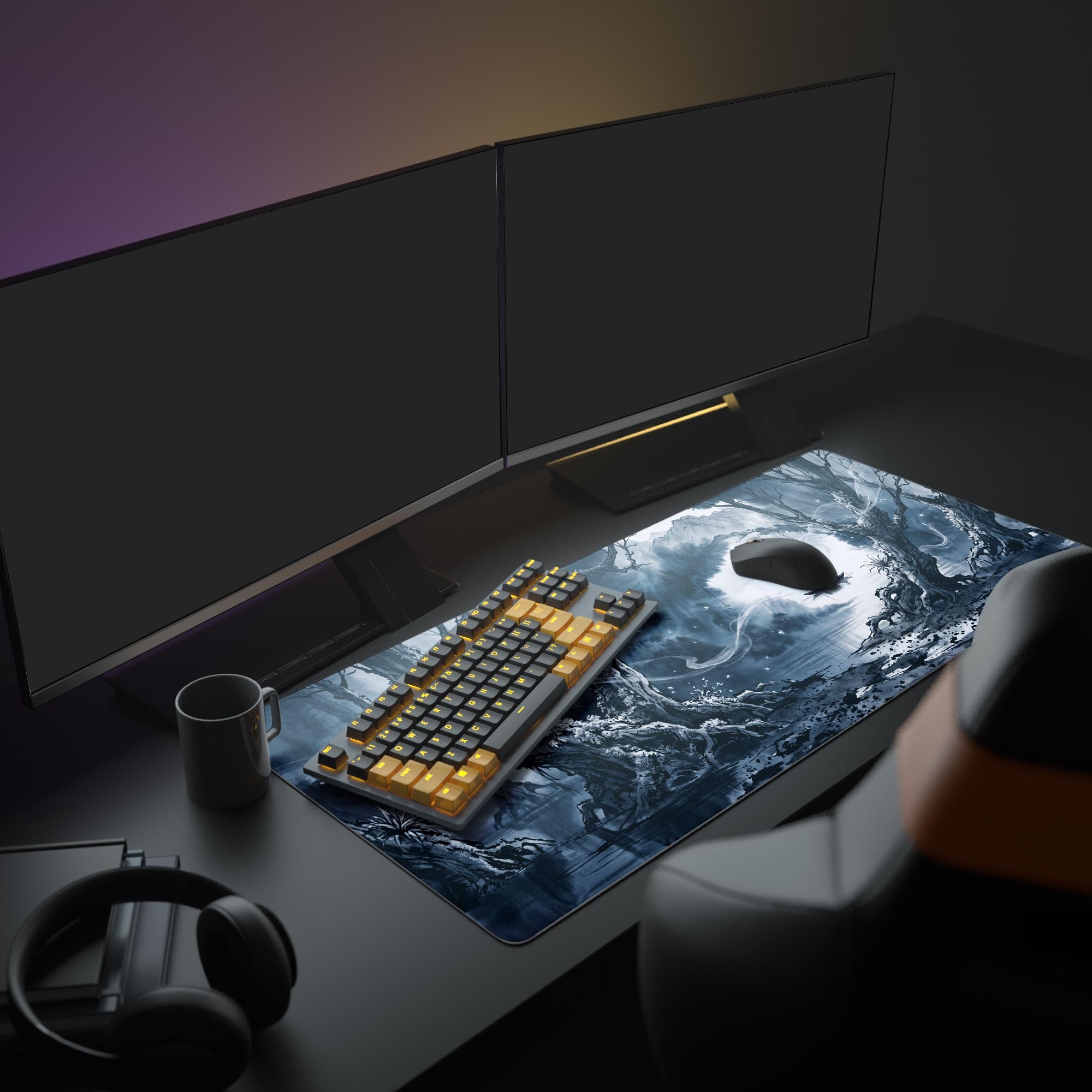 Close-up of traditional boat and twisted trees artwork on mouse pad