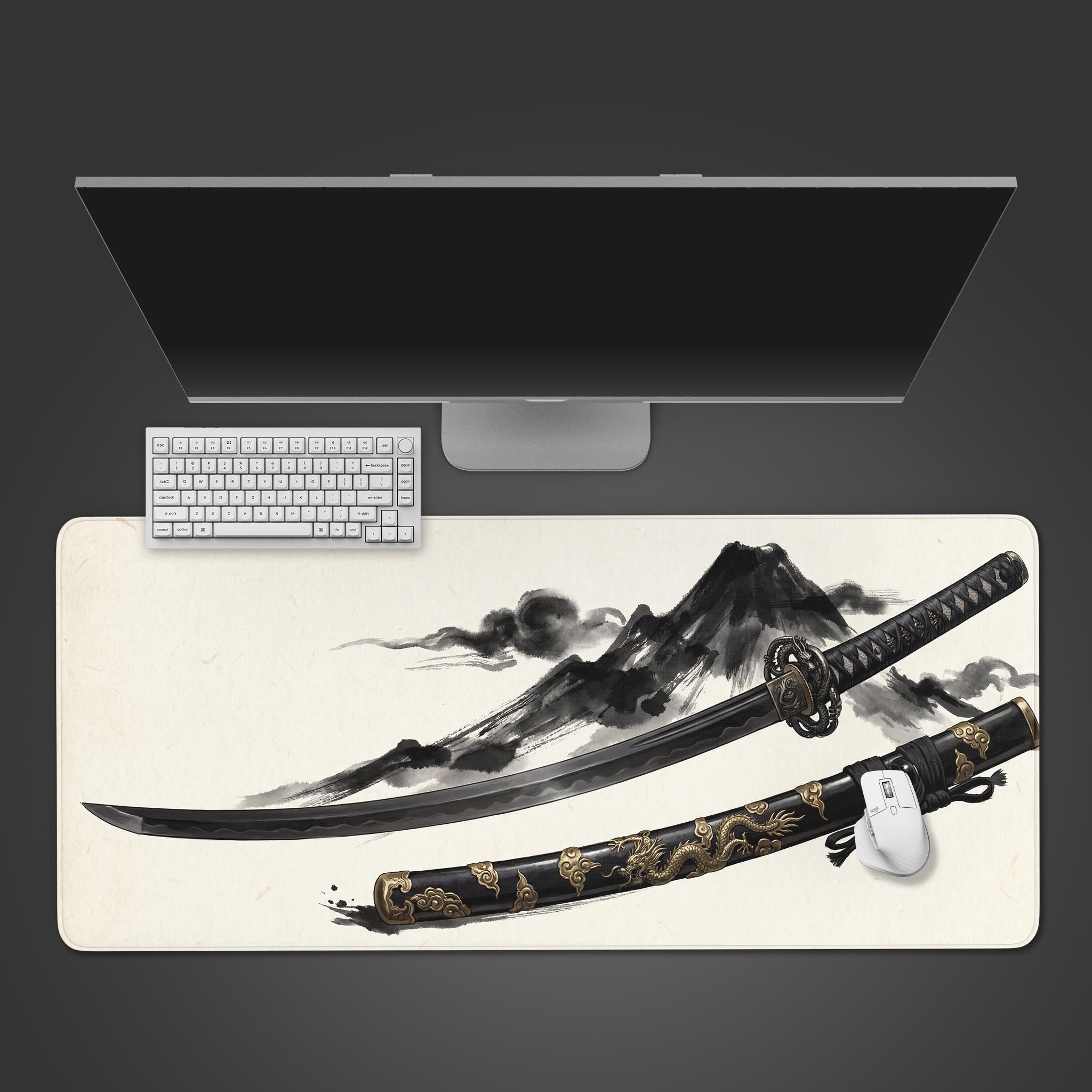 Top-down view of the Ink Katana gaming desk mat, showing a Japanese ink wash sword design beneath a white keyboard, mouse, and monitor. - Epic Design Pads & Mousepads