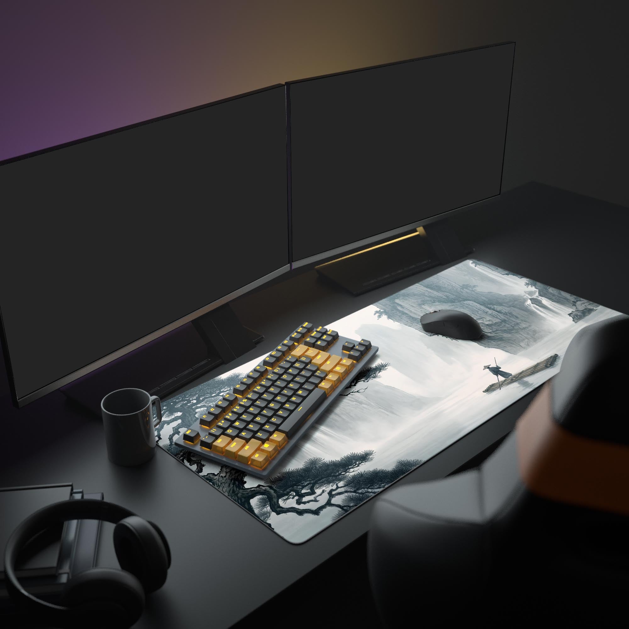 Close up view of the desk mat artwork featuring a traveler on a bamboo raft on a misty river.