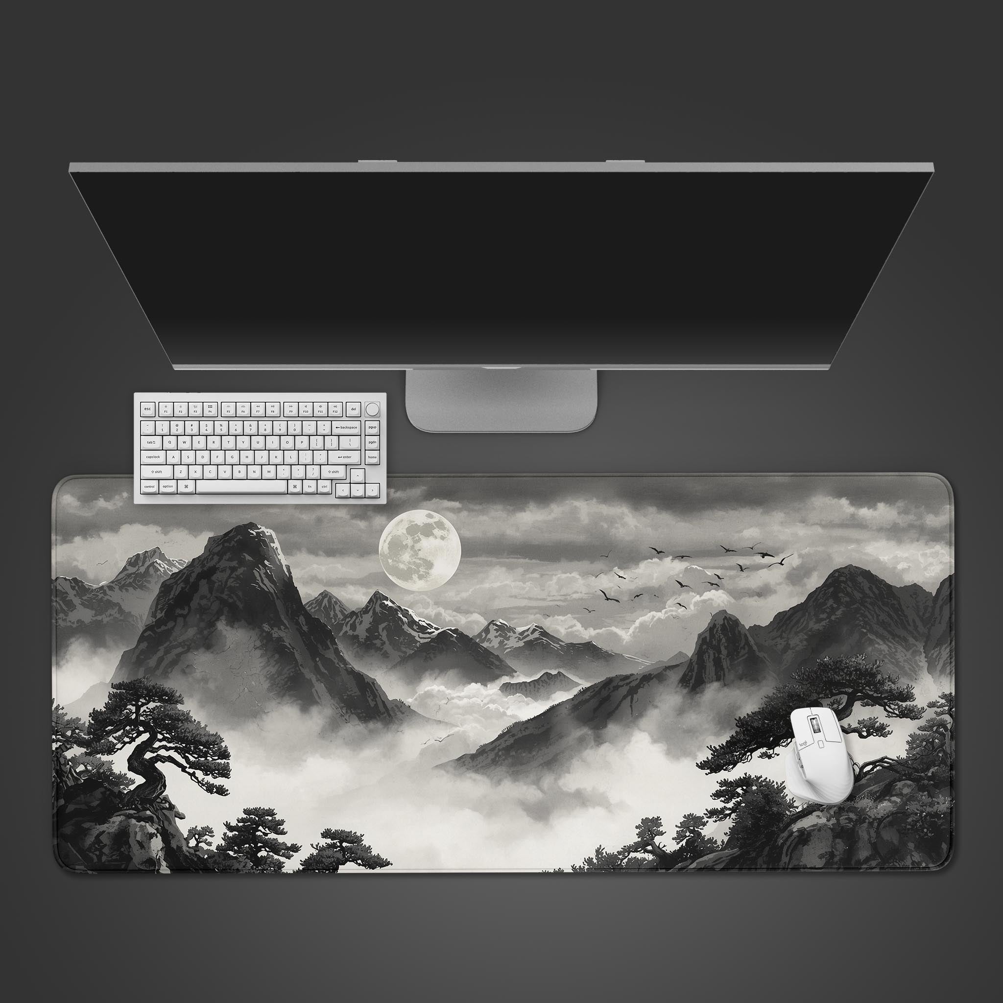 Ink Wash Valley desk mat with Japanese mountain design, shown from a top-down view with a black keyboard and mouse on a wooden desk. - Epic Design Pads