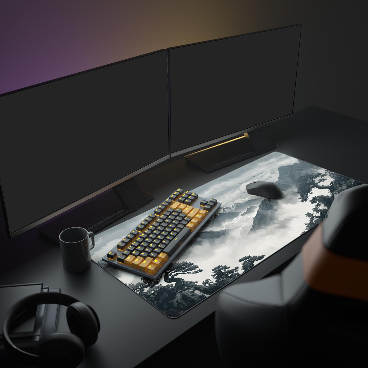 Large Ink Wash Valley mouse pad in a minimalist desk setup with dual monitors, a mechanical keyboard, and headphones, creating a zen workspace. - Epic Design Pads