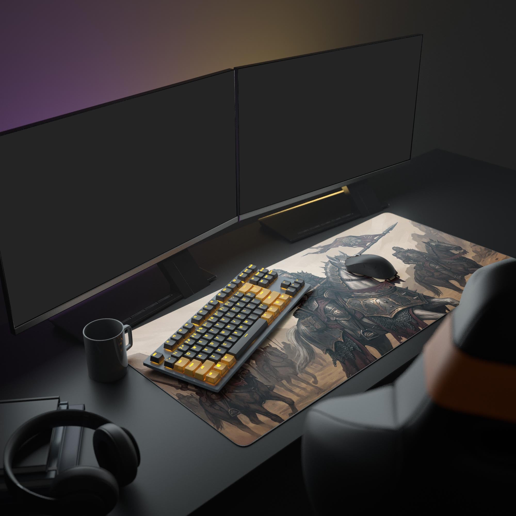 Large Iron Cavalry gaming desk mat with stoic rider art - shown in a complete gaming setup with dual monitors and headphones. - Epic Design Pads & Mousepads