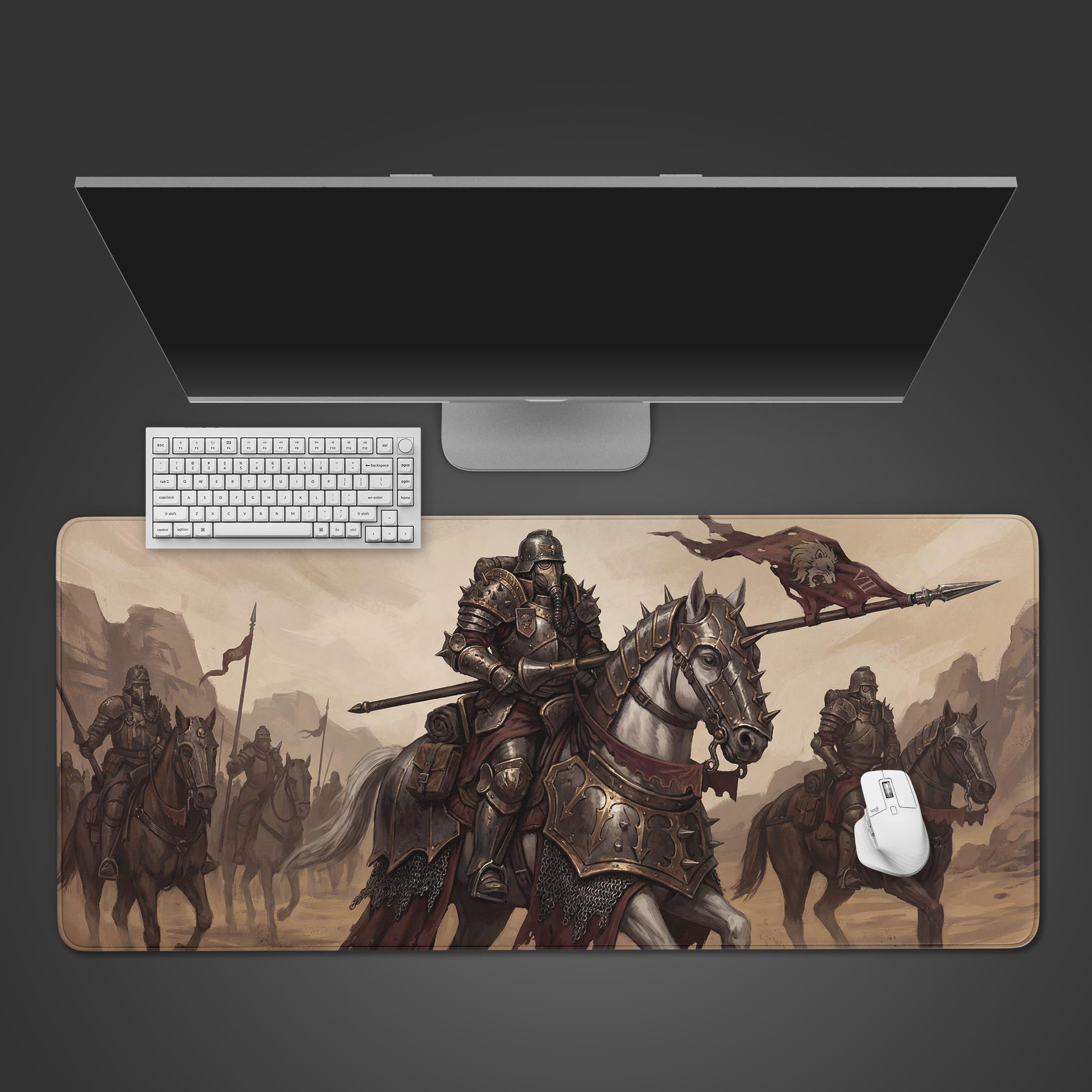 Iron Cavalry desk mat with dystopian knight design - desktop view with a black keyboard and gaming mouse. - Epic Design Pads & Mousepads