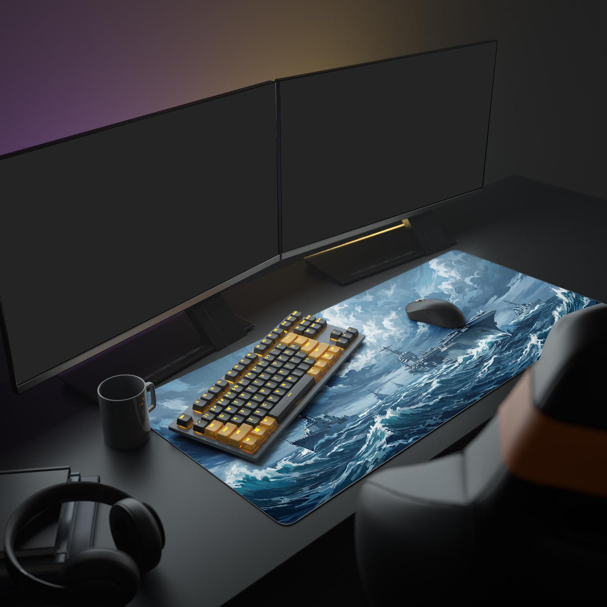 A complete PC gaming setup featuring the Iron Fleet mouse pad, which depicts warships on a turbulent ocean. The setup includes multiple monitors and gaming peripherals. - Epic Design Pads & Mousepads