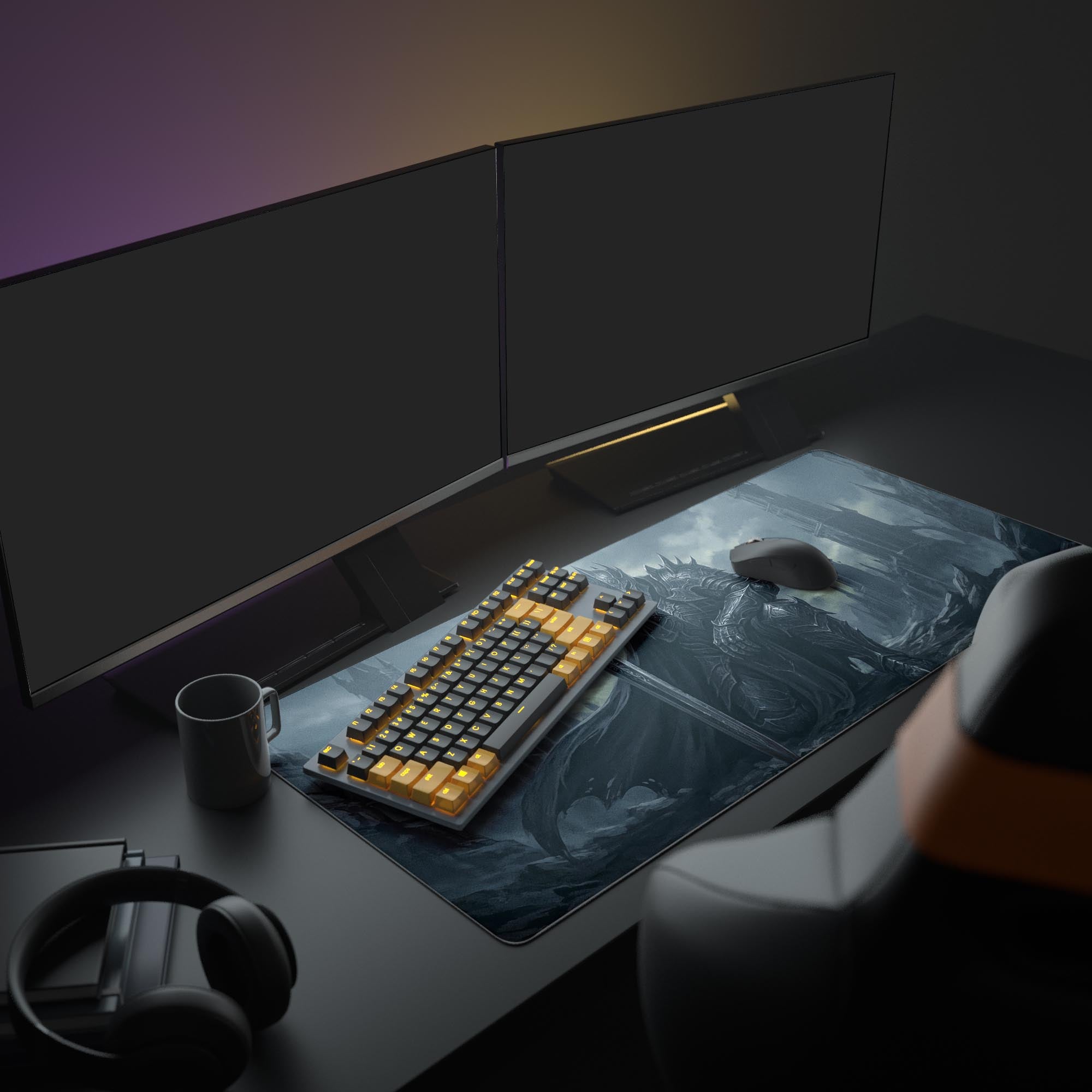 A full gaming PC setup featuring the Iron Oath dark fantasy knight mouse pad, with monitors, an illuminated keyboard, and a mouse creating an immersive, moody atmosphere. - Epic Design Pads & Mousepads