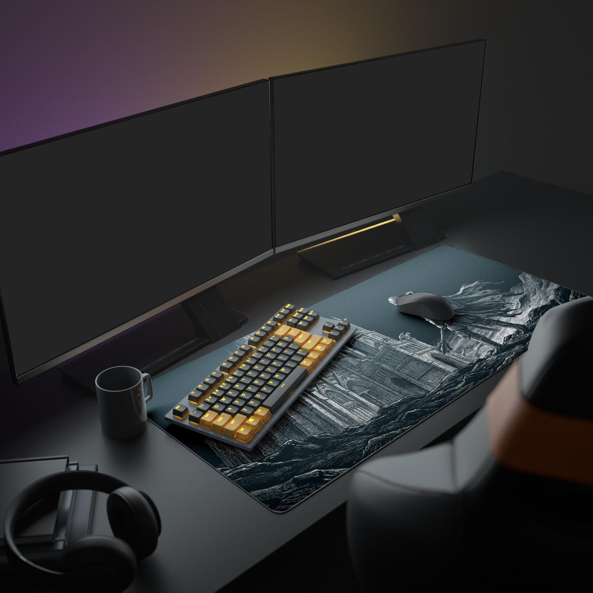 Large Iron Resolve gaming desk mat in a dark fantasy setup with dual monitors, mechanical keyboard, and headphones. - Epic Design Pads & Mousepads
