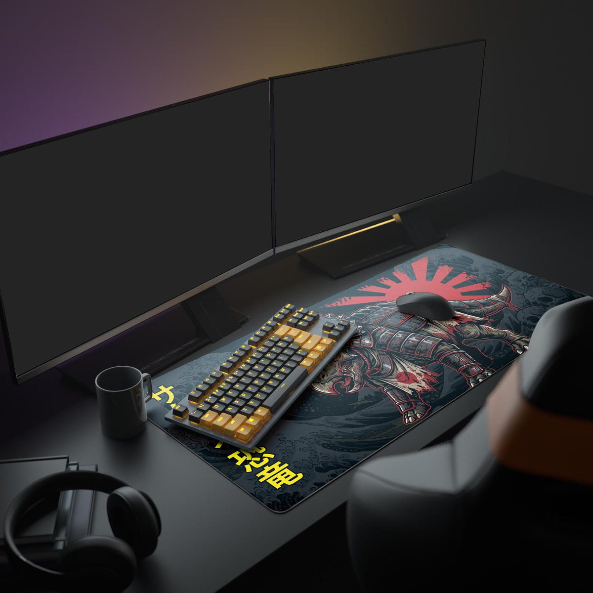 A full PC gaming setup featuring the Iron Triceratops mouse pad, creating a powerful Japanese art theme with a keyboard and glowing monitor. - Epic Design Pads & Mousepads