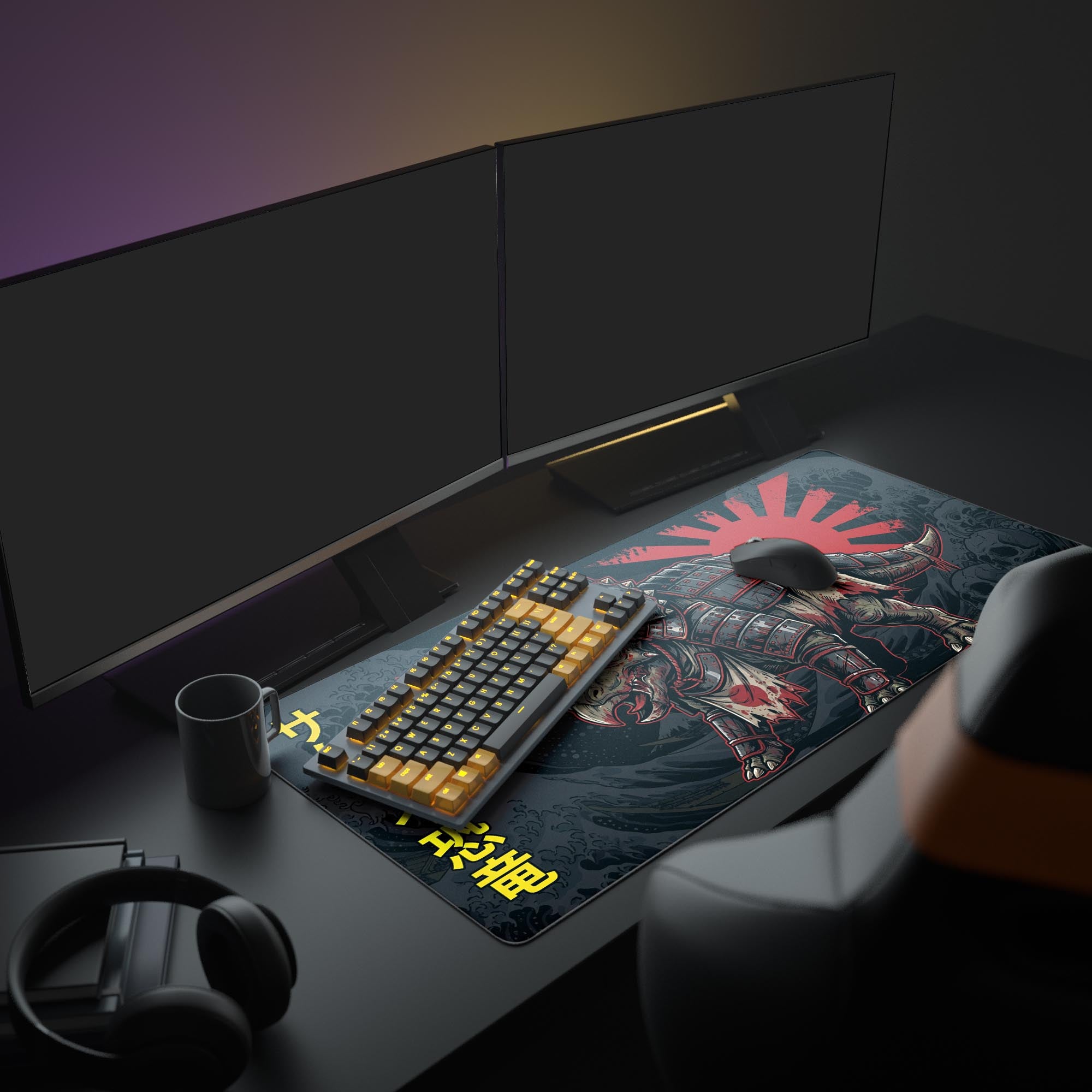 A full PC gaming setup featuring the Iron Triceratops mouse pad, creating a powerful Japanese art theme with a keyboard and glowing monitor. - Epic Design Pads & Mousepads