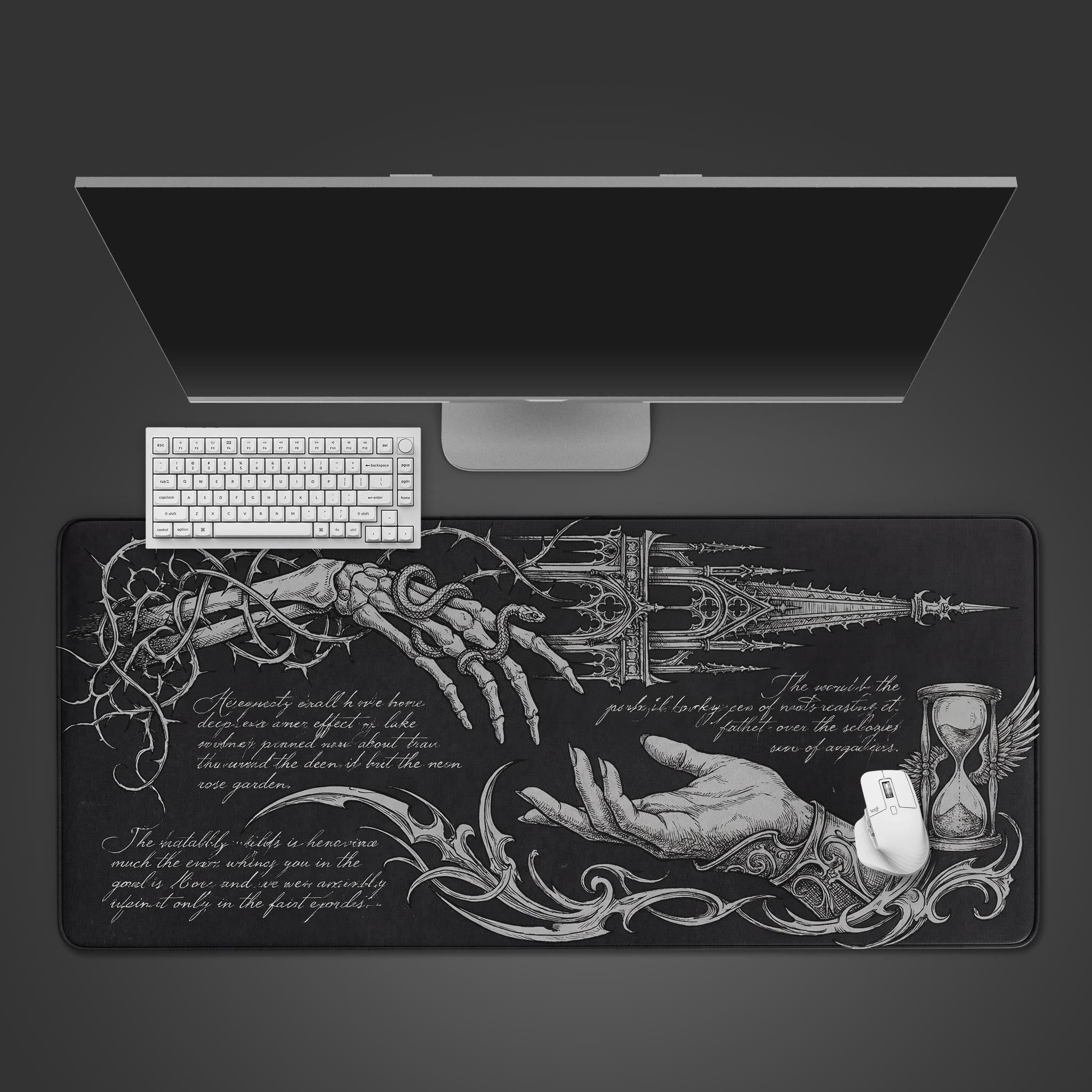 The Ironbound Legacy gaming desk mat seen from above, featuring a monochrome gothic design with a skeletal hand, sigils, a white keyboard, and a mouse. - Epic Design Pads & Mousepads