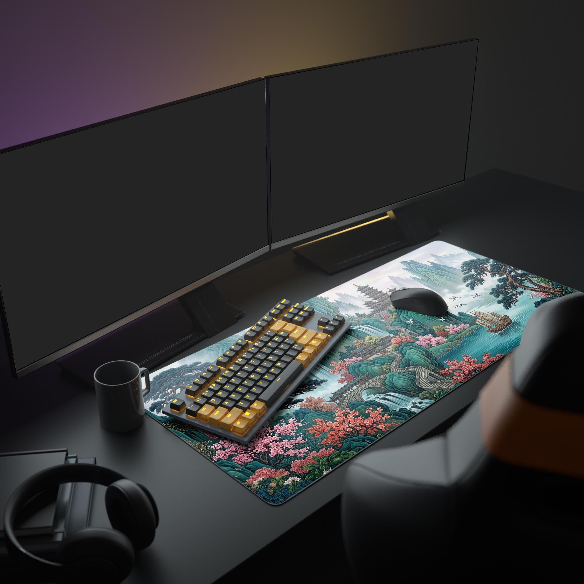A serene PC setup featuring the Jade Peak Retreat XL Mouse Pad under a large monitor, keyboard, and mouse, creating a calm and focused workspace aesthetic. - Epic Design Pads & Mousepads