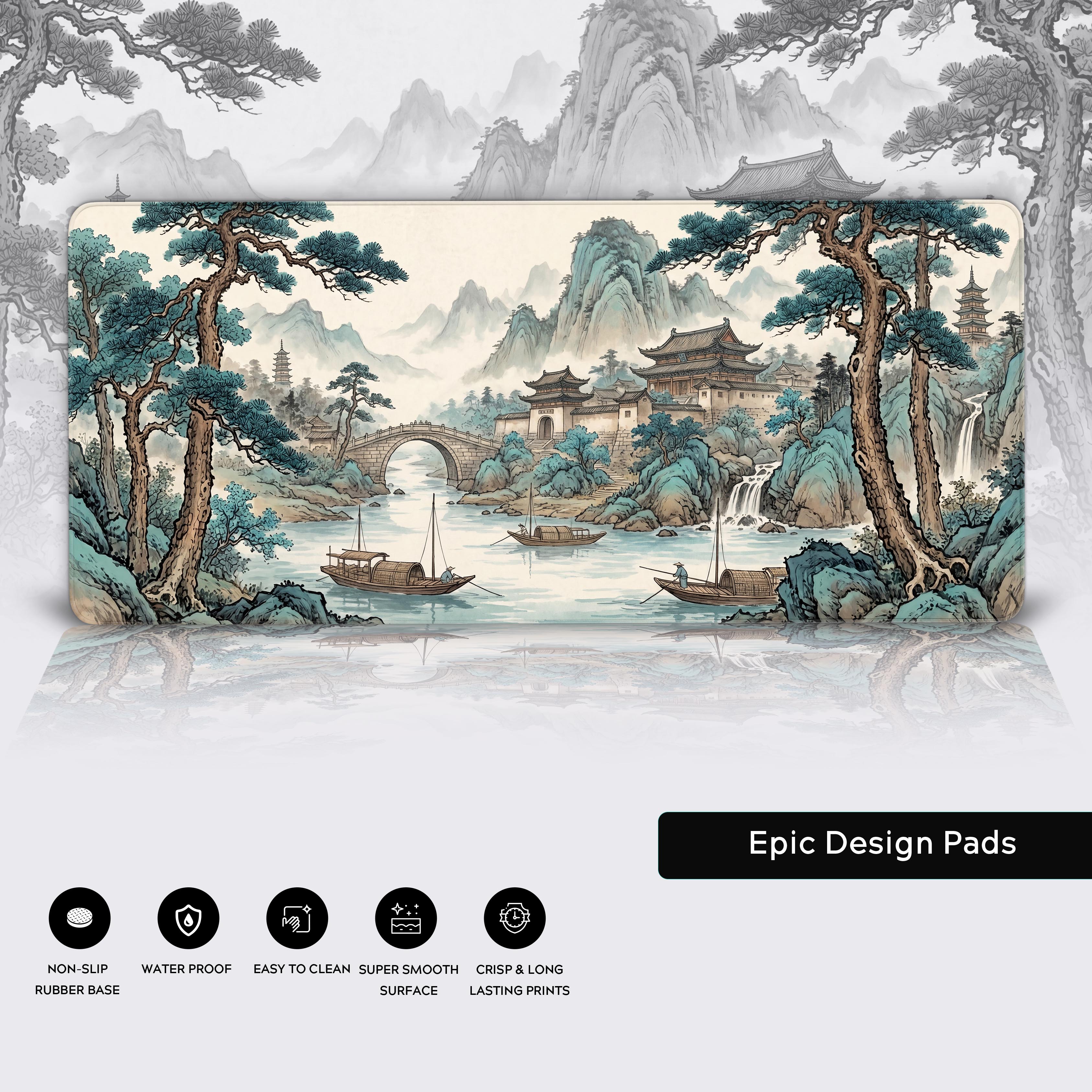 Features of the desk mat highlighting non-slip rubber base, water-proof coating, and easy-to-clean surface.