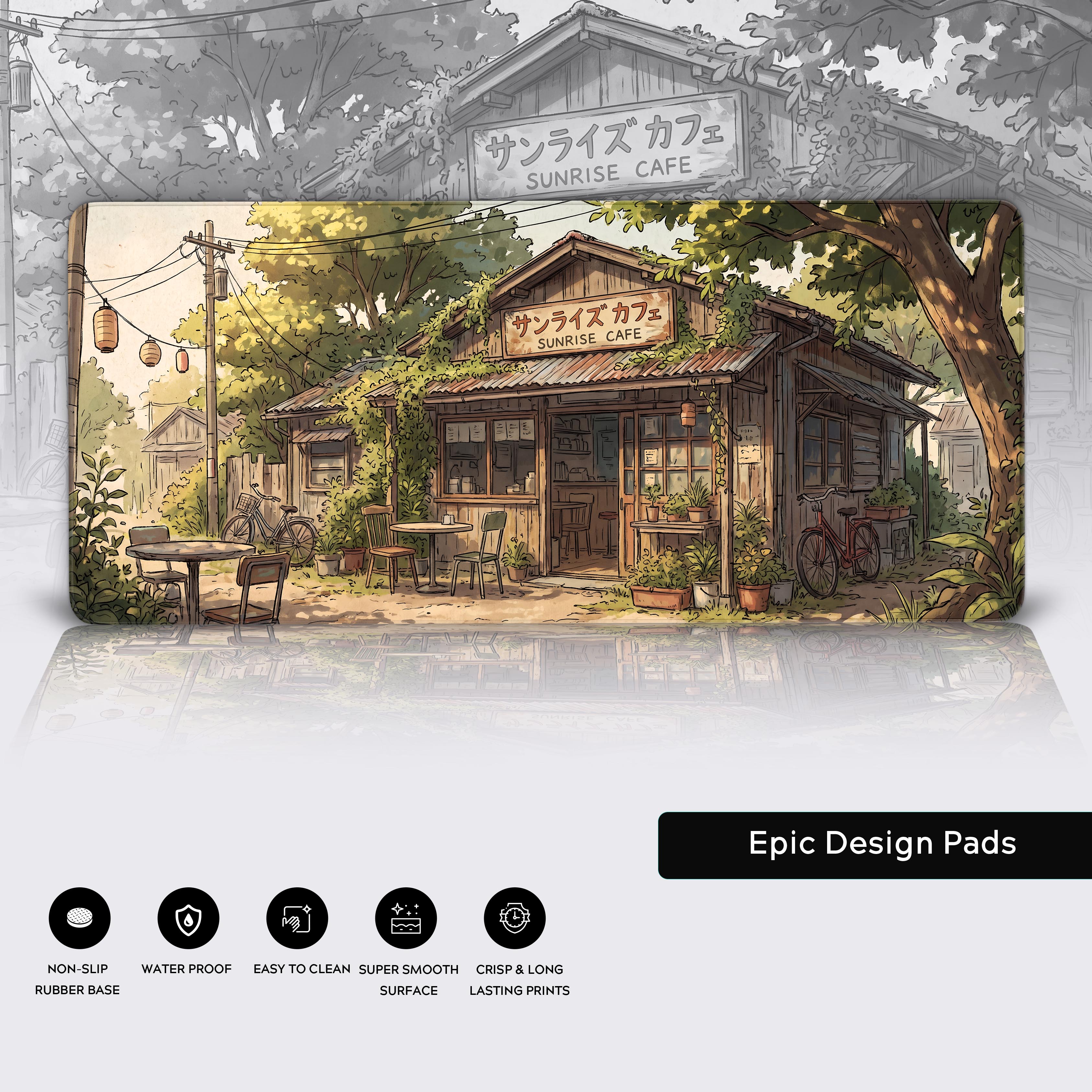 Full view of the Sunrise Cafe desk mat showing the inviting lo-fi aesthetic and warm earthy color palette.